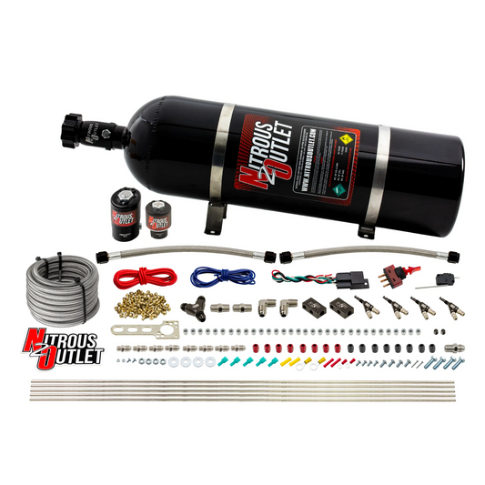 Nitrous Outlet 4 Cylinder Direct Port System - .122 Nitrous Solenoids/.177 Fuel Solenoids/Dual Passage Injection Rail/90 Degree Discharge Nozzles (Alcohol)(5-7-10 psi)(50-250HP)(15lb Bottle)