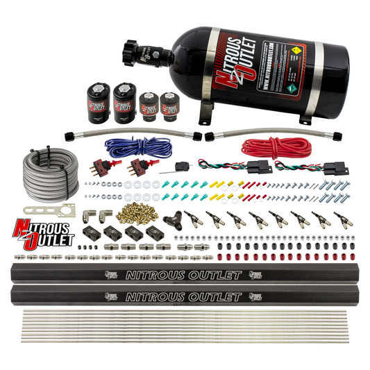 Nitrous Outlet 4 Cylinder Dual Stage Direct Port System - Two .122 Nitrous Solenoids/Two .177 Fuel Solenoids/Two Dual Passage Injection Rails/90 Degree Discharge Nozzles (Alcohol)(5-7-10 psi)(50-250HP)(10lb Bottle)