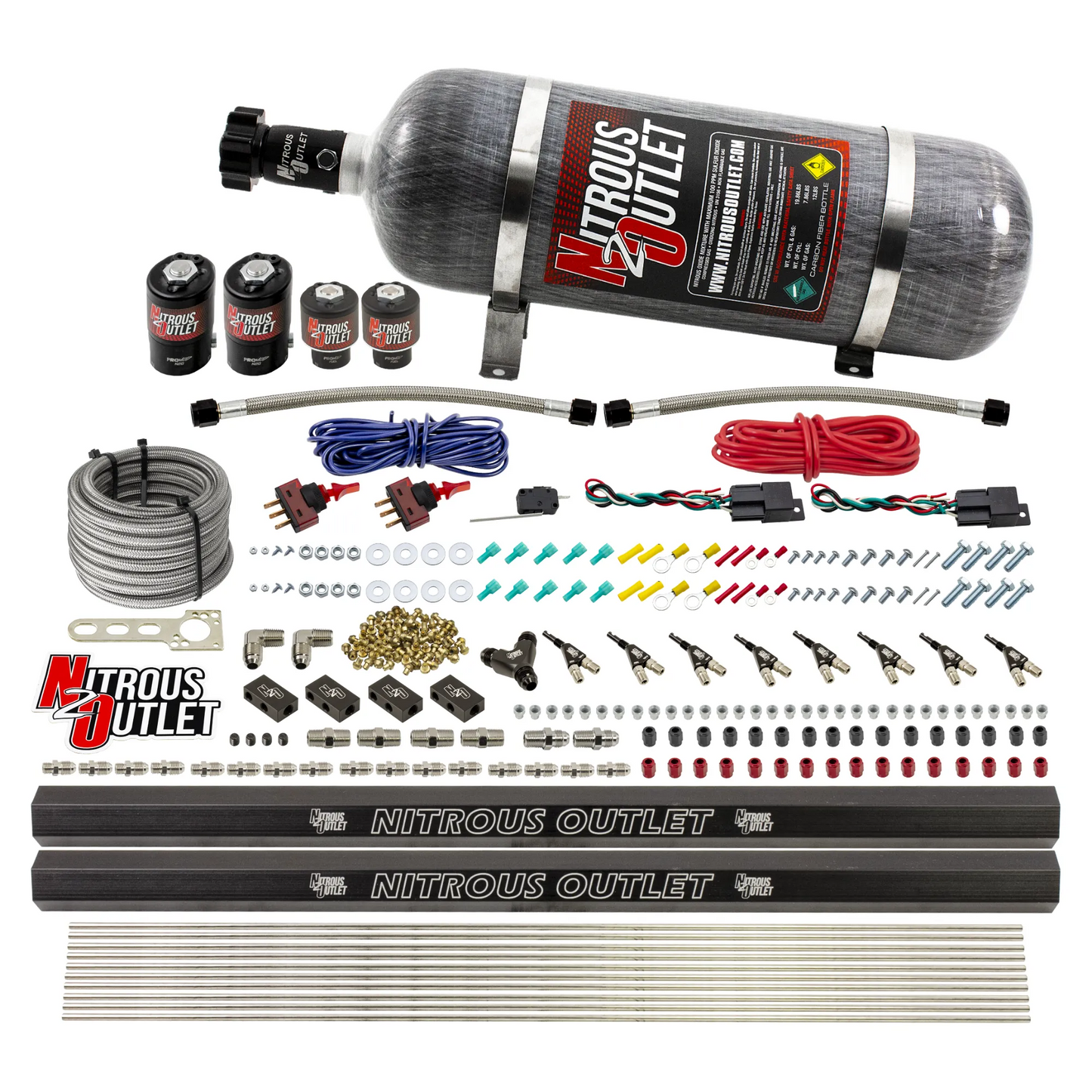 Nitrous Outlet 4 Cylinder Dual Stage Direct Port System - Two .122 Nitrous Solenoids/Two .177 Fuel Solenoids/Two Dual Passage Injection Rails/90 Degree Discharge Nozzles (Alcohol)(5-7-10 psi)(50-250HP)(12lb Bottle)
