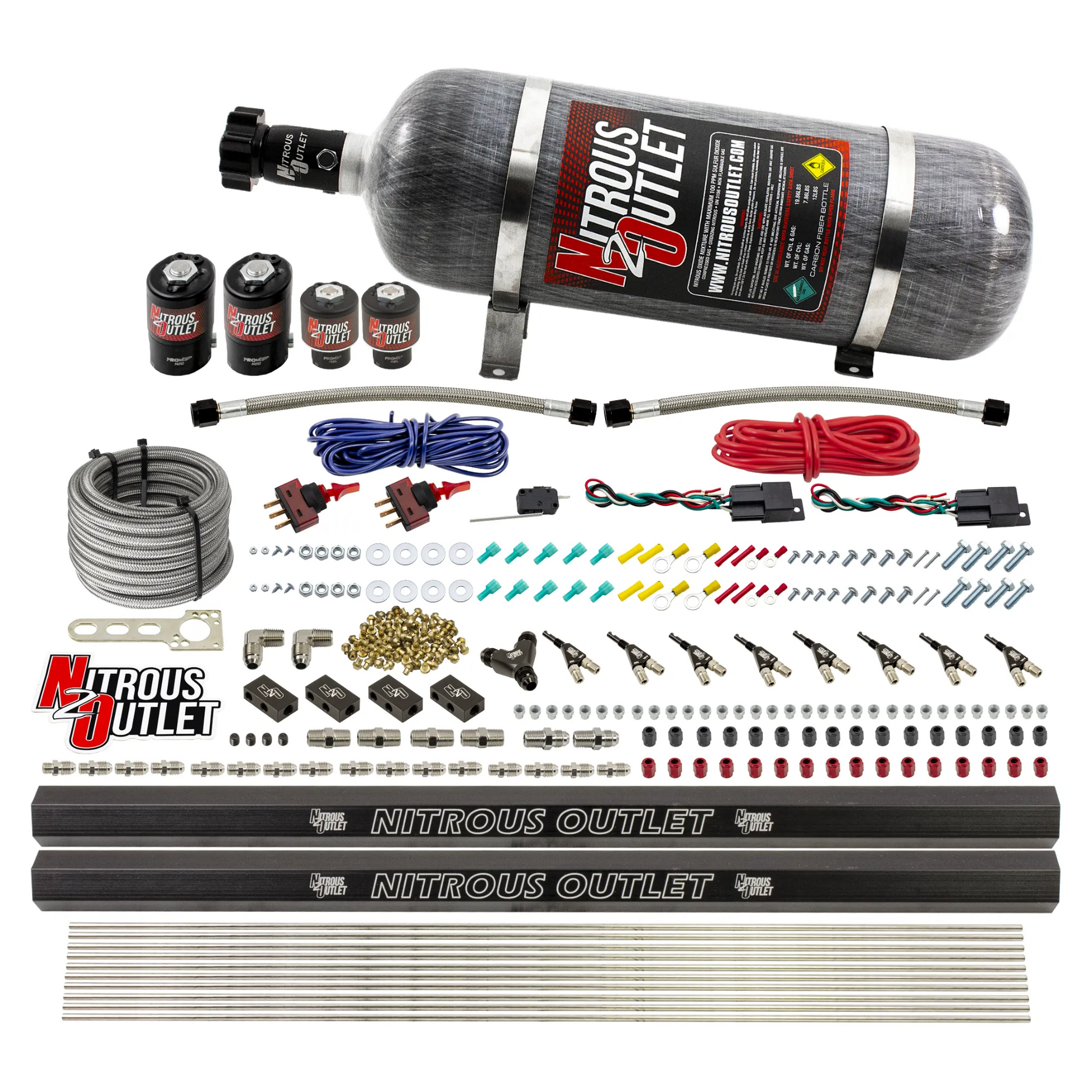 Nitrous Outlet 4 Cylinder Dual Stage Direct Port System - Two .122 Nitrous Solenoids/Two .177 Fuel Solenoids/Two Dual Passage Injection Rails/90 Degree Discharge Nozzles (Alcohol)(5-7-10 psi)(50-250HP)(12lb Bottle)