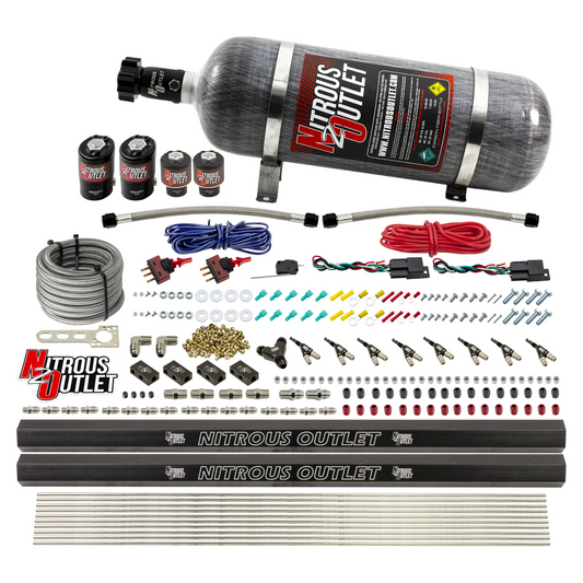 Nitrous Outlet 4 Cylinder Dual Stage Direct Port System - Two .122 Nitrous Solenoids/Two .177 Fuel Solenoids/Two Dual Passage Injection Rails/90 Degree Discharge Nozzles (Alcohol)(5-7-10 psi)(50-250HP)(12lb Bottle)