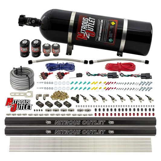Nitrous Outlet 4 Cylinder Dual Stage Direct Port System - Two .122 Nitrous Solenoids/Two .177 Fuel Solenoids/Two Dual Passage Injection Rails/90 Degree Discharge Nozzles (Alcohol)(5-7-10 psi)(50-250HP)(15lb Bottle)