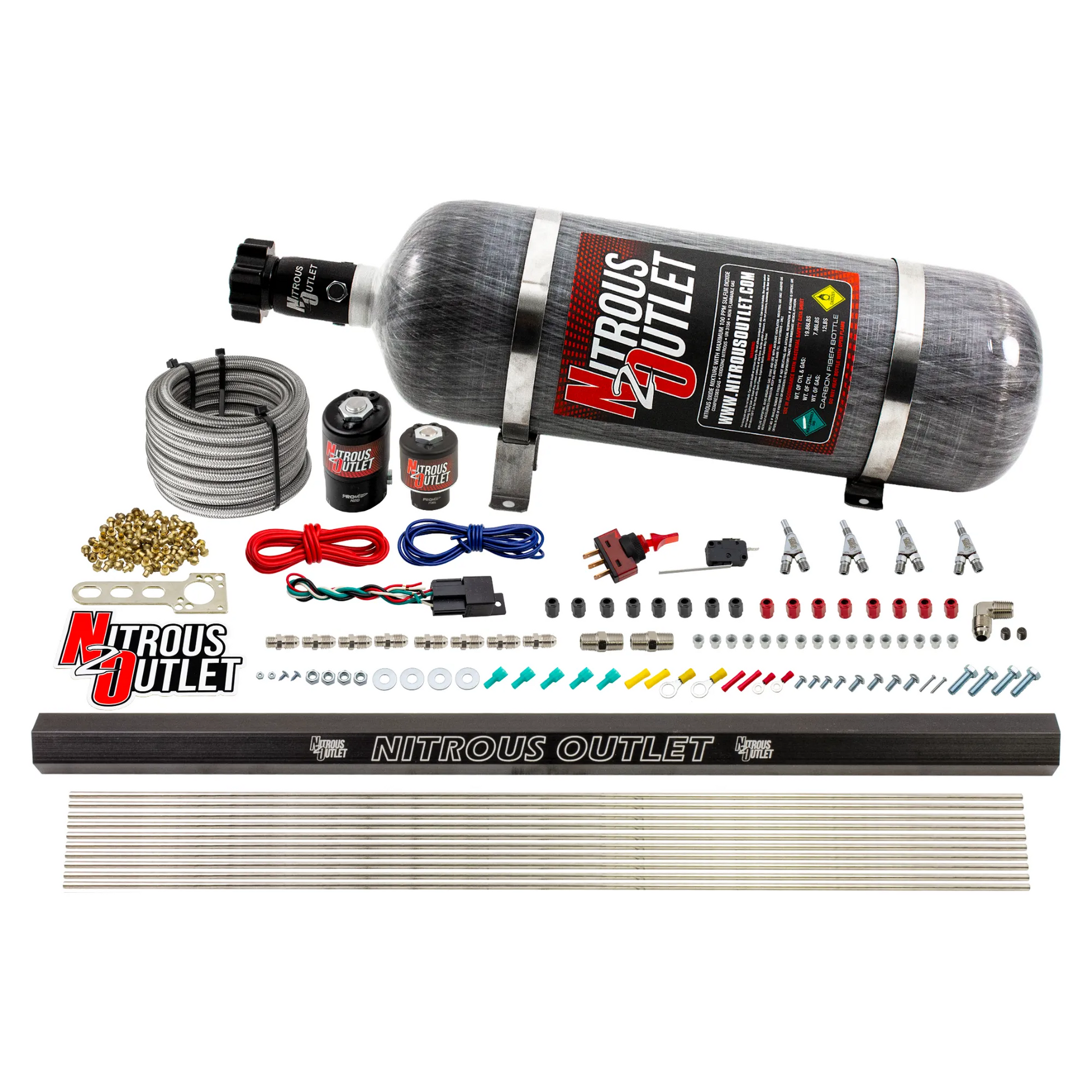 Nitrous Outlet 4 Cylinder Direct Port System - .122 Nitrous Solenoids/.177 Fuel Solenoids/Dual Passage Injection Rail/Annular Discharge Nozzles (Alcohol)(5-7-10 psi)(50-250HP)(12lb Bottle)