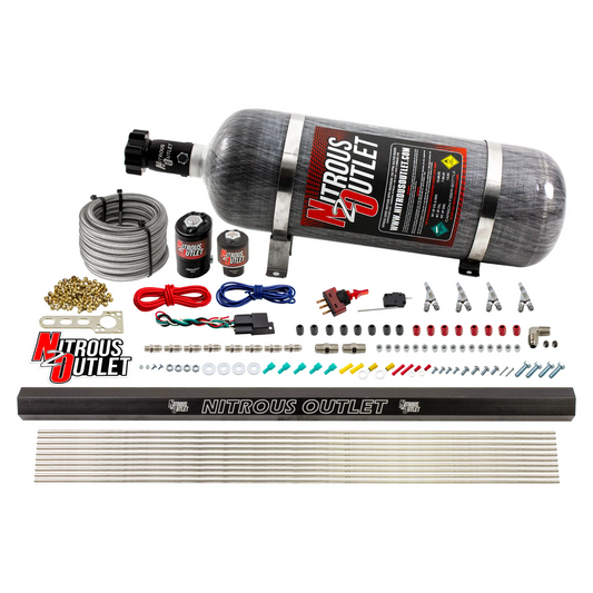 Nitrous Outlet 4 Cylinder Direct Port System - .122 Nitrous Solenoids/.177 Fuel Solenoids/Dual Passage Injection Rail/Annular Discharge Nozzles (Alcohol)(5-7-10 psi)(50-250HP)(12lb Bottle)