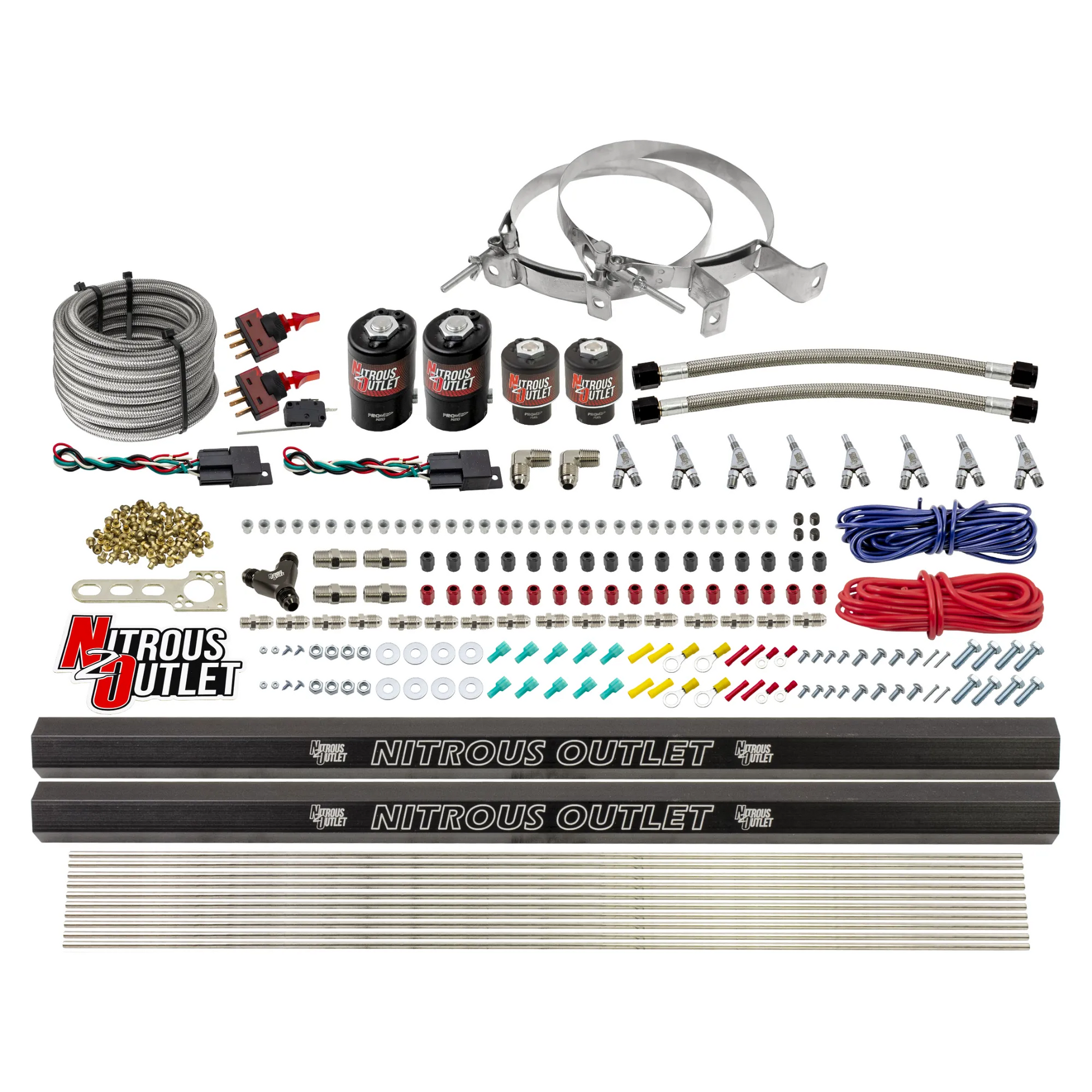 Nitrous Outlet 4 Cylinder Dual Stage Direct Port System - Two .122 Nitrous Solenoids/Two .177 Fuel Solenoids/Two Dual Passage Injection Rails/Annular Discharge Nozzles (Alcohol)(5-7-10 psi)(50-250HP)(No Bottle)