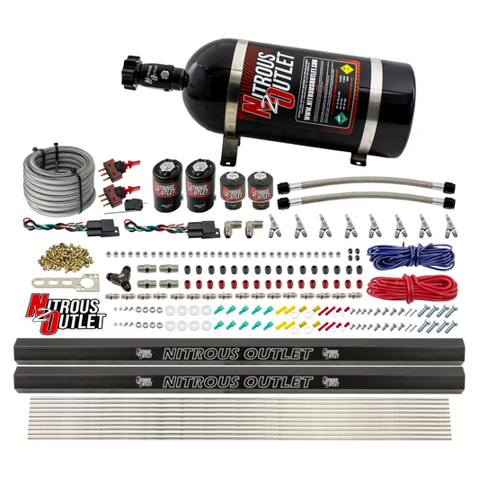 Nitrous Outlet 4 Cylinder Dual Stage Direct Port System - Two .122 Nitrous Solenoids/Two .177 Fuel Solenoids/Two Dual Passage Injection Rails/Annular Discharge Nozzles (Alcohol)(5-7-10 psi)(50-250HP)(10lb Bottle)