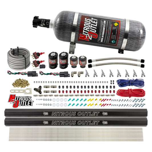 Nitrous Outlet 4 Cylinder Dual Stage Direct Port System - Two .122 Nitrous Solenoids/Two .177 Fuel Solenoids/Two Dual Passage Injection Rails/Annular Discharge Nozzles (Alcohol)(5-7-10 psi)(50-250HP)(12lb Bottle)
