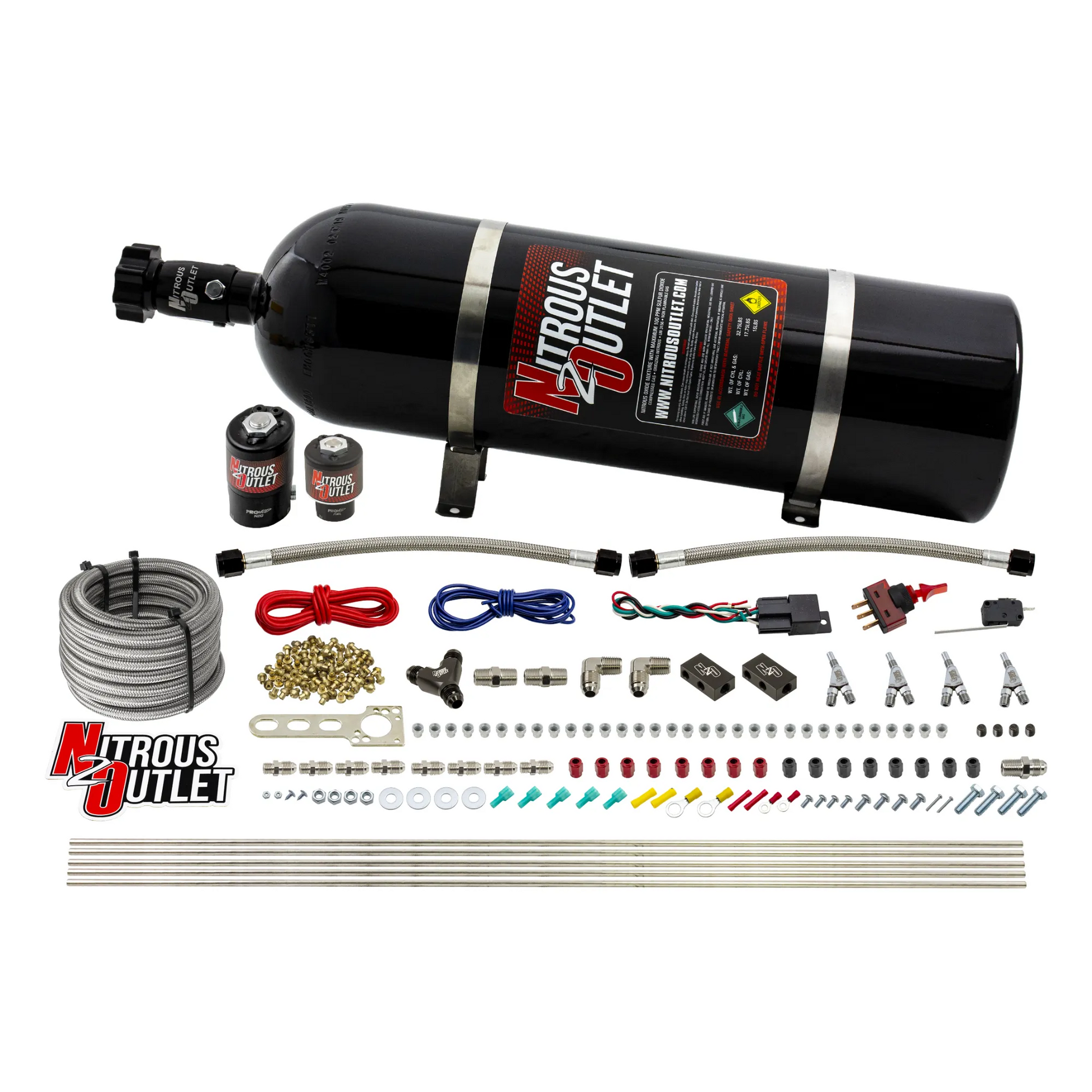 Nitrous Outlet 4 Cylinder Direct Port System - .122 Nitrous Solenoid/.177 Fuel Solenoid/Distribution Blocks/Annular Degree Discharge Nozzles (Alcohol)(5-7-10 psi)(50-250HP)(15lb Bottle)