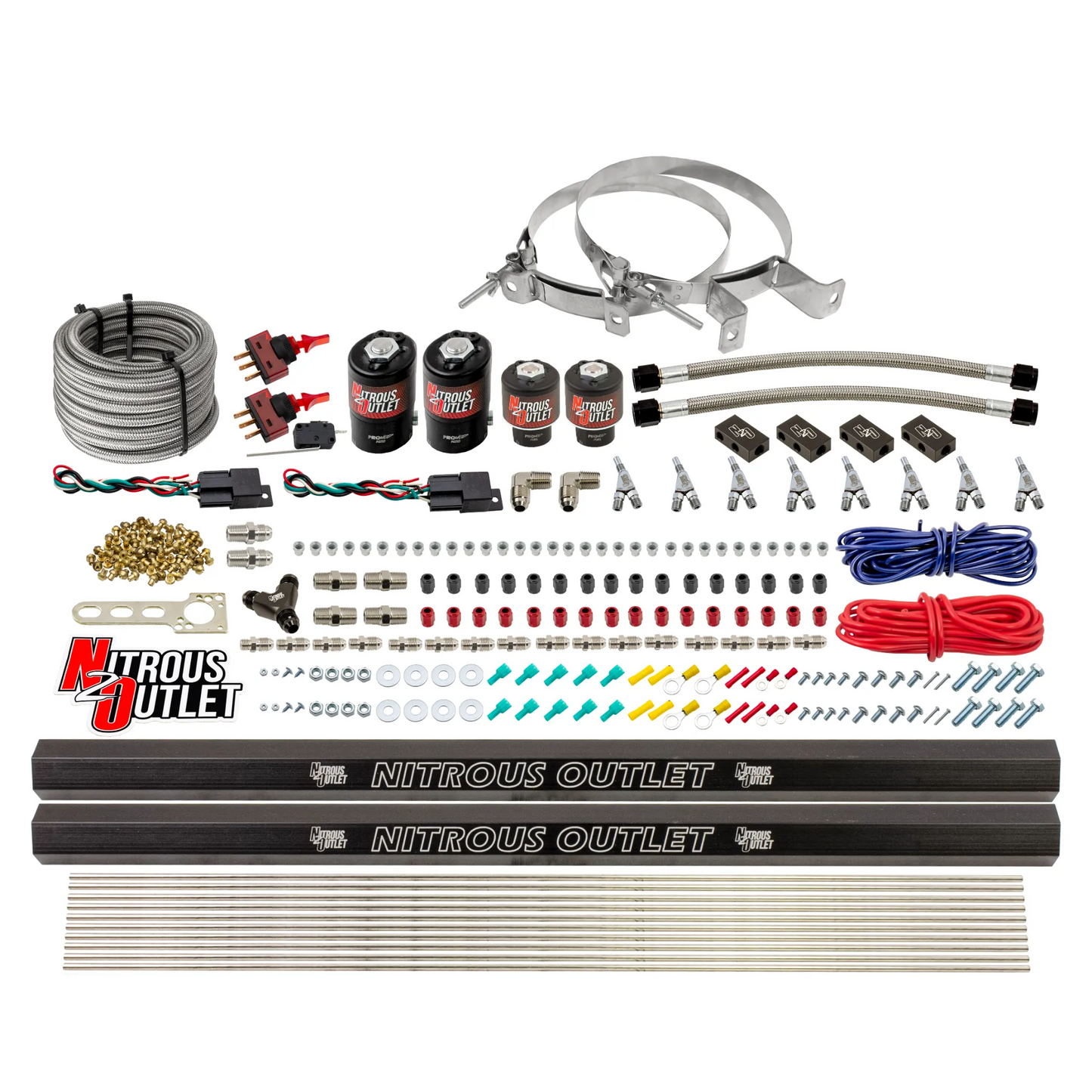 Nitrous Outlet 4 Cylinder Dual Stage Direct Port System - Two .122 Nitrous Solenoids/Two .177 Fuel Solenoids/Distribution Blocks/Annular Discharge Nozzles (Alcohol)(5-7-10 psi)(50-250HP)(No Bottle)