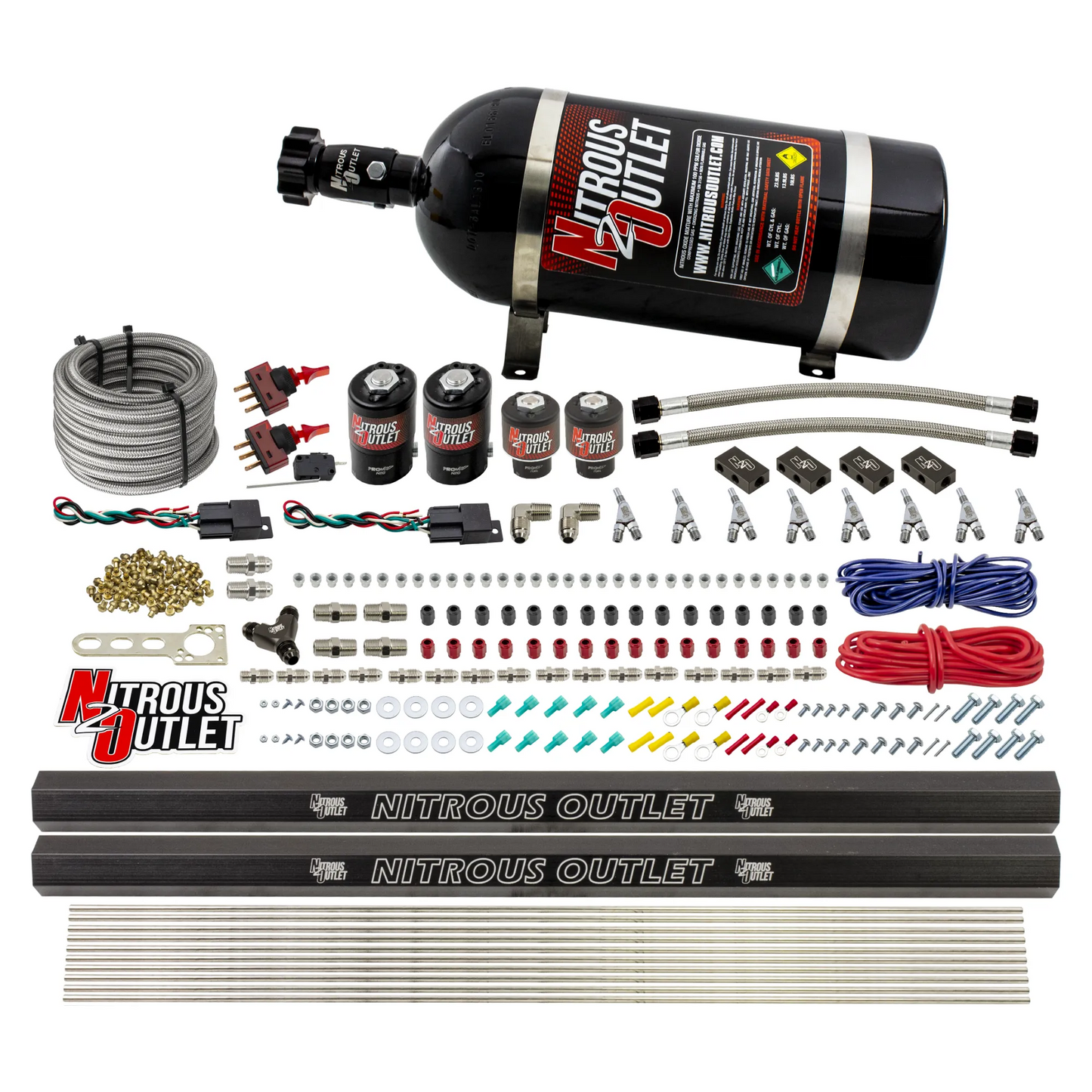 Nitrous Outlet 4 Cylinder Dual Stage Direct Port System - Two .122 Nitrous Solenoids/Two .177 Fuel Solenoids/Distribution Blocks/Annular Discharge Nozzles (Alcohol)(5-7-10 psi)(50-250HP)(10lb Bottle)