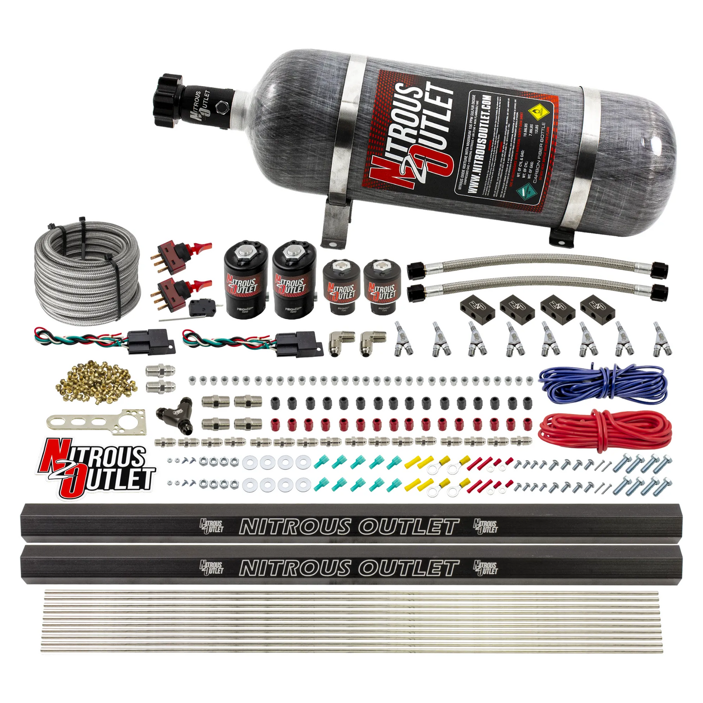 Nitrous Outlet 4 Cylinder Dual Stage Direct Port System - Two .122 Nitrous Solenoids/Two .177 Fuel Solenoids/Distribution Blocks/Annular Discharge Nozzles (Alcohol)(5-7-10 psi)(50-250HP)(12lb Bottle)