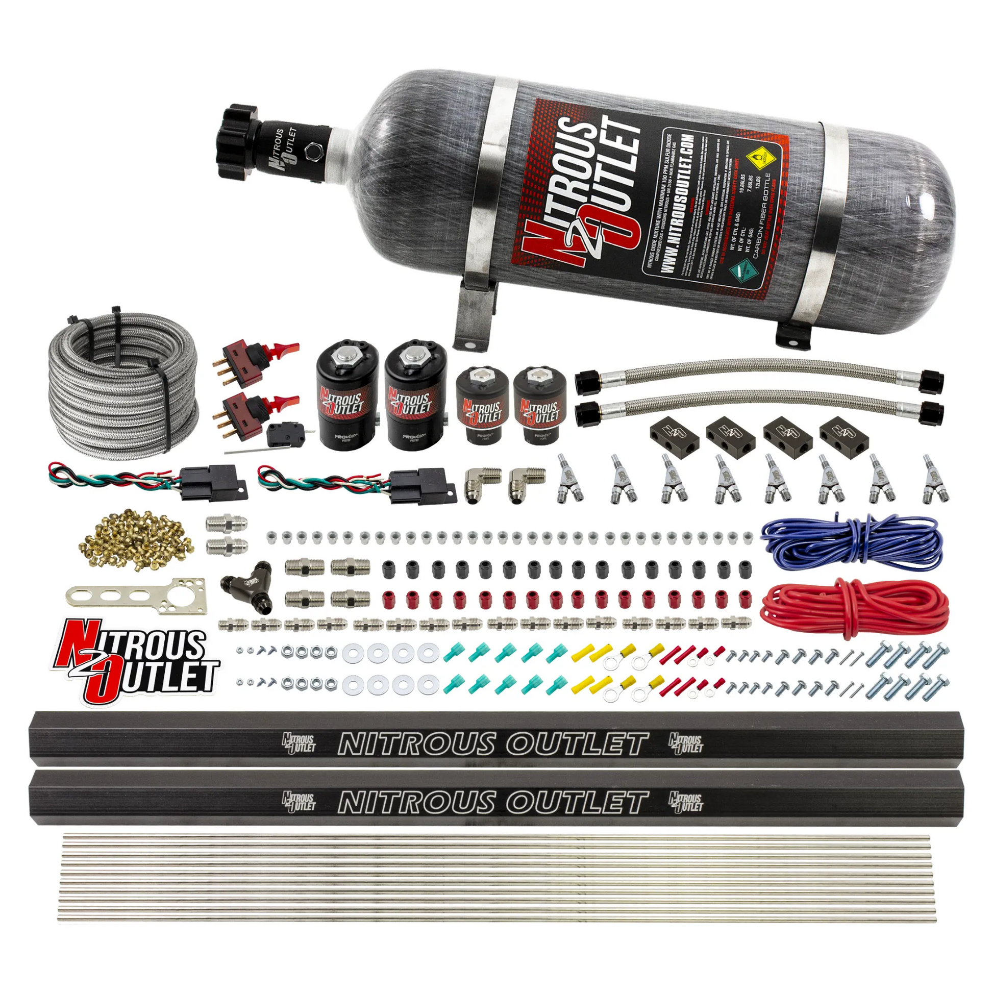 Nitrous Outlet 4 Cylinder Dual Stage Direct Port System - Two .122 Nitrous Solenoids/Two .177 Fuel Solenoids/Distribution Blocks/Annular Discharge Nozzles (Alcohol)(5-7-10 psi)(50-250HP)(12lb Bottle)