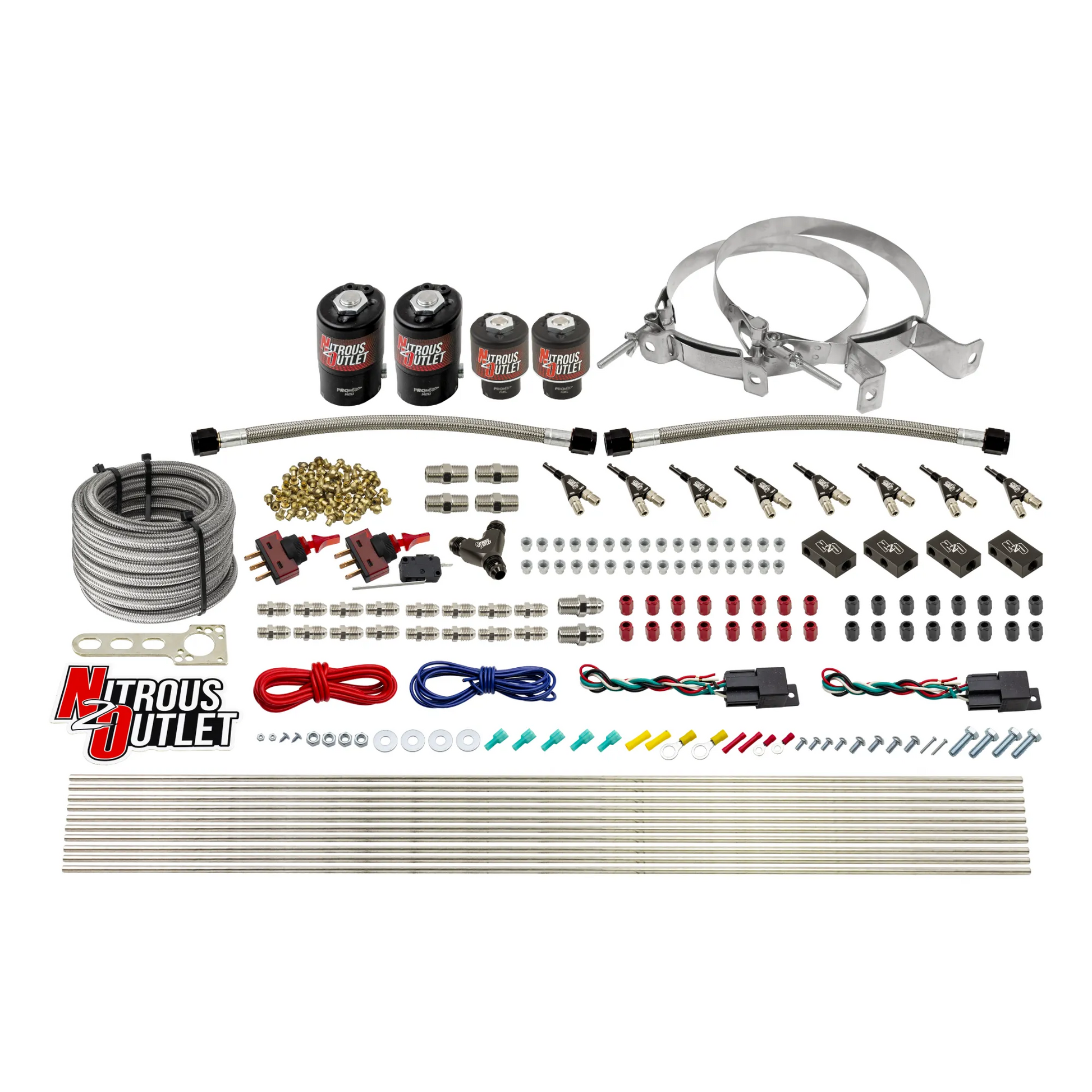 Nitrous Outlet 4 Cylinder Dual Stage Direct Port System - Two .122 Nitrous Solenoids/Two .177 Fuel Solenoids/Distribution Blocks/90 Degree Discharge Nozzles (Gas)(5-7-10 psi)(50-250HP)(No Bottle)
