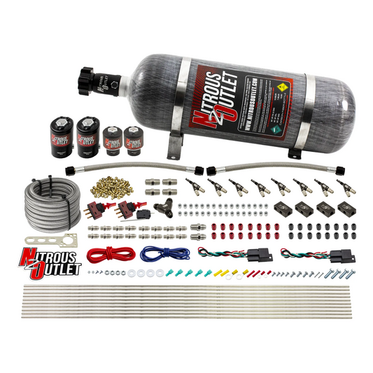 Nitrous Outlet 4 Cylinder Dual Stage Direct Port System - Two .122 Nitrous Solenoids/Two .177 Fuel Solenoids/Distribution Blocks/90 Degree Discharge Nozzles (Gas)(5-7-10 psi)(50-250HP)(12lb Bottle)