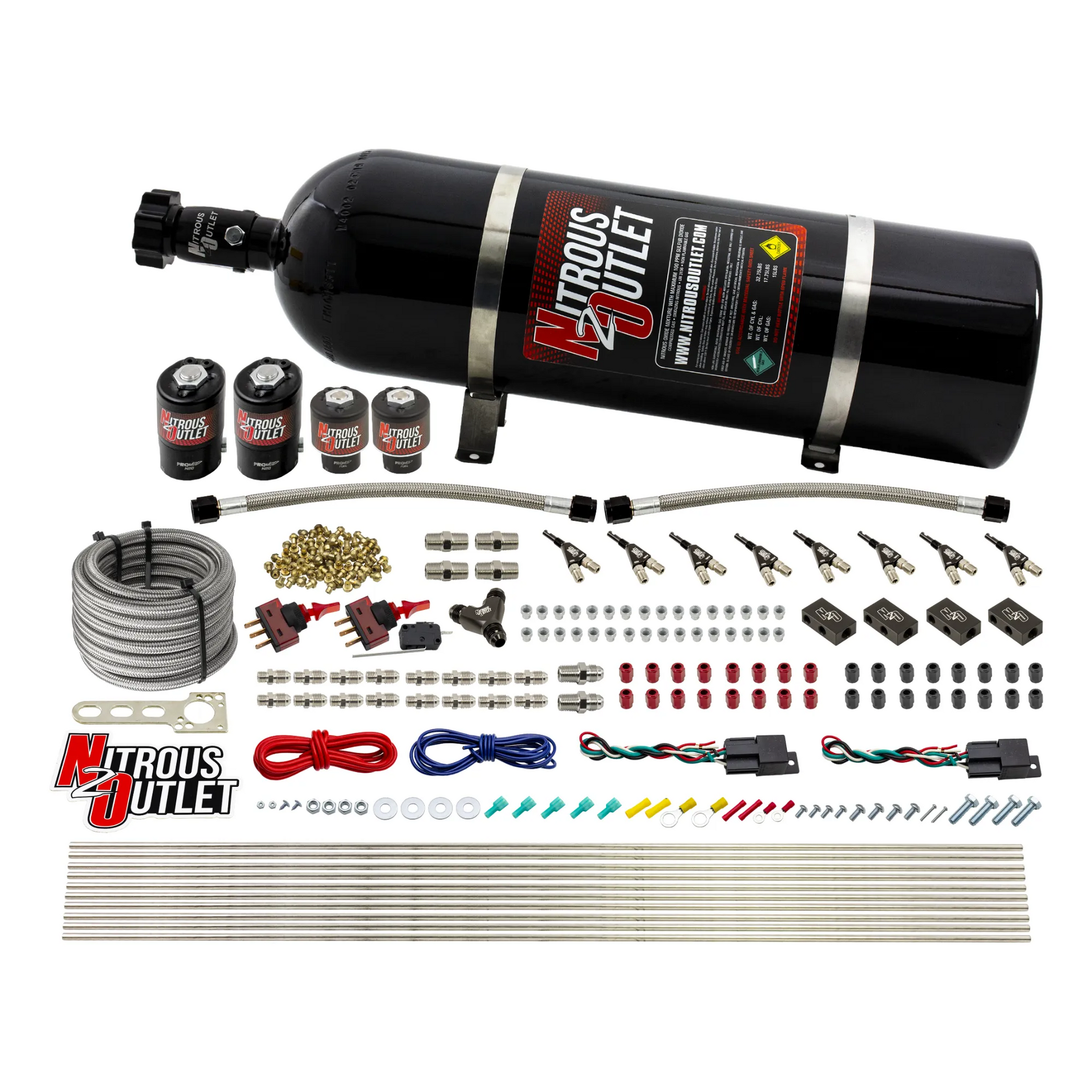 Nitrous Outlet 4 Cylinder Dual Stage Direct Port System - Two .122 Nitrous Solenoids/Two .177 Fuel Solenoids/Distribution Blocks/90 Degree Discharge Nozzles (Gas)(5-7-10 psi)(50-250HP)(15lb Bottle)