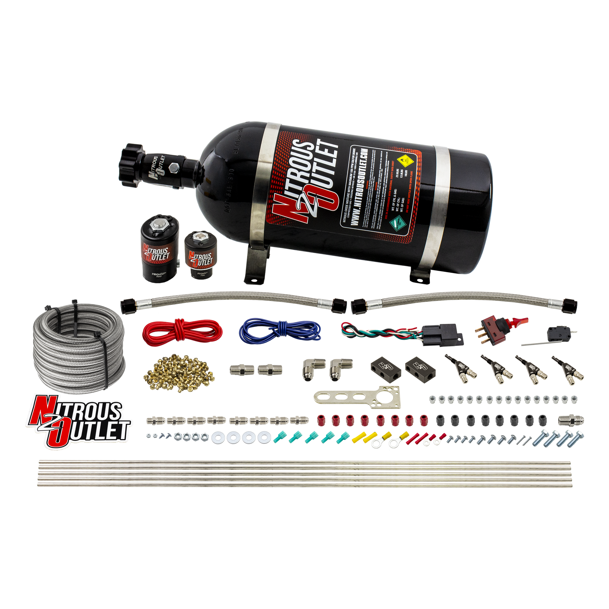 Nitrous Outlet 4 Cylinder Direct Port System - .122 Nitrous Solenoid/.177 Fuel Solenoid/Distribution Blocks/90 Degree Discharge Nozzles (E85)(5-7-10 psi)(50-250HP)(10lb Bottle)