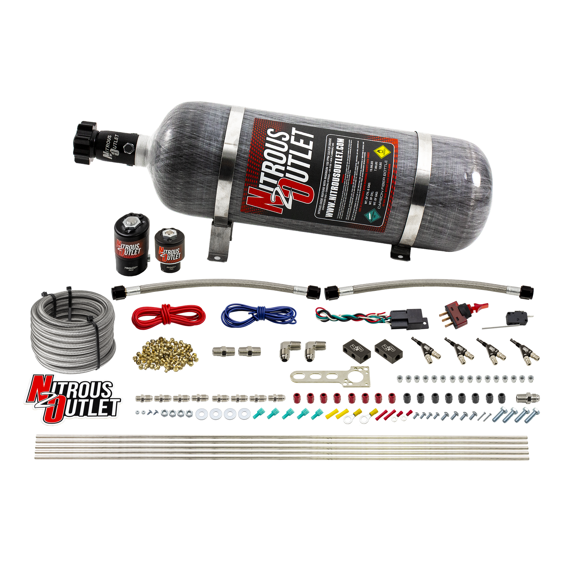Nitrous Outlet 4 Cylinder Direct Port System - .122 Nitrous Solenoid/.177 Fuel Solenoid/Distribution Blocks/90 Degree Discharge Nozzles (E85)(5-7-10 psi)(50-250HP)(12lb Bottle)