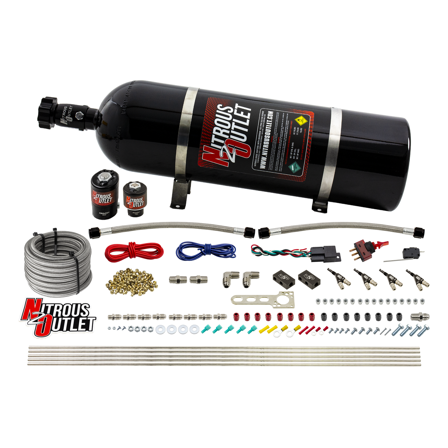Nitrous Outlet 4 Cylinder Direct Port System - .122 Nitrous Solenoid/.177 Fuel Solenoid/Distribution Blocks/90 Degree Discharge Nozzles (E85)(5-7-10 psi)(50-250HP)(15lb Bottle)