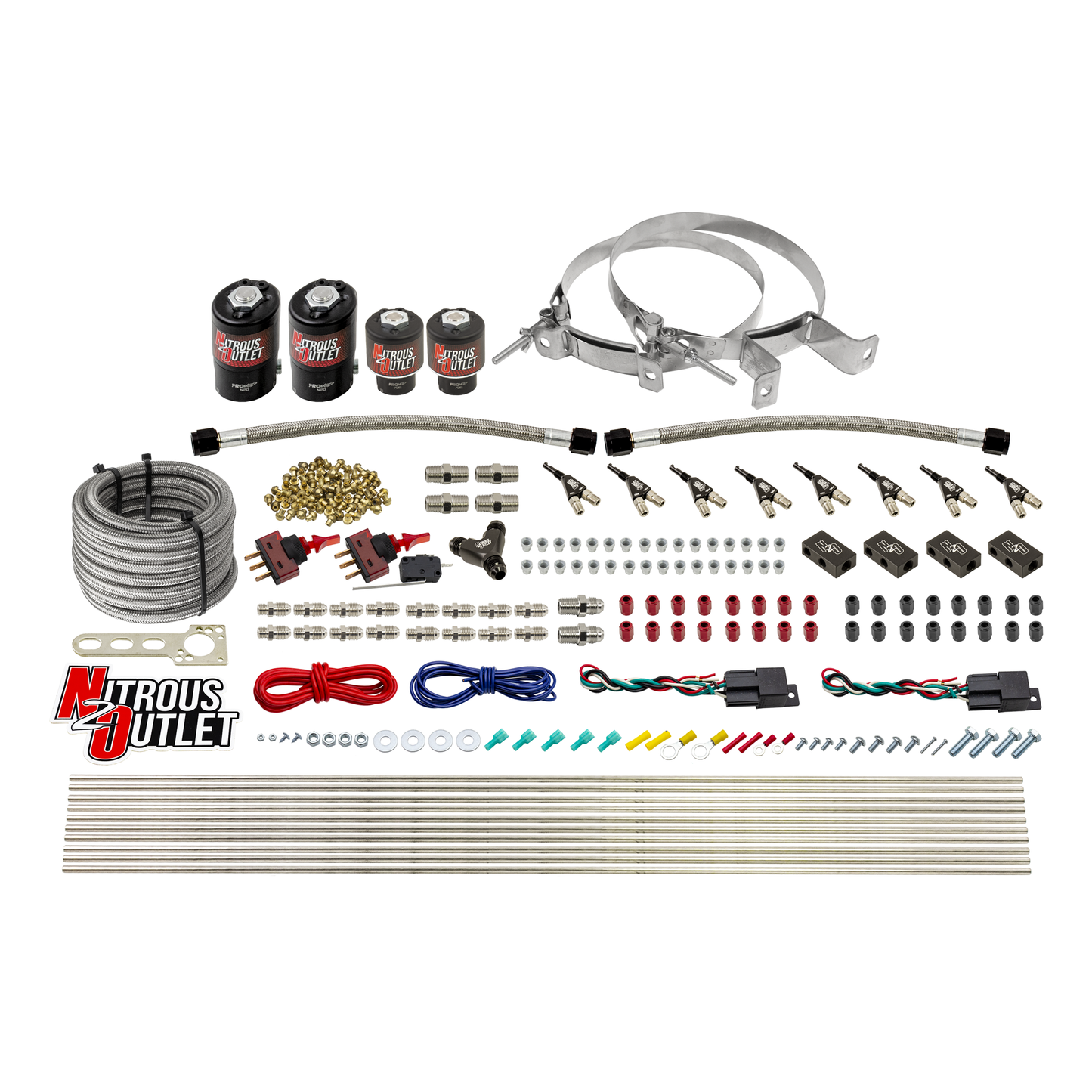 Nitrous Outlet 4 Cylinder Dual Stage Direct Port System - Two .122 Nitrous Solenoids/Two .177 Fuel Solenoids/Distribution Blocks/90 Degree Discharge Nozzles (E85)(5-7-10 psi)(50-250HP)(No Bottle)