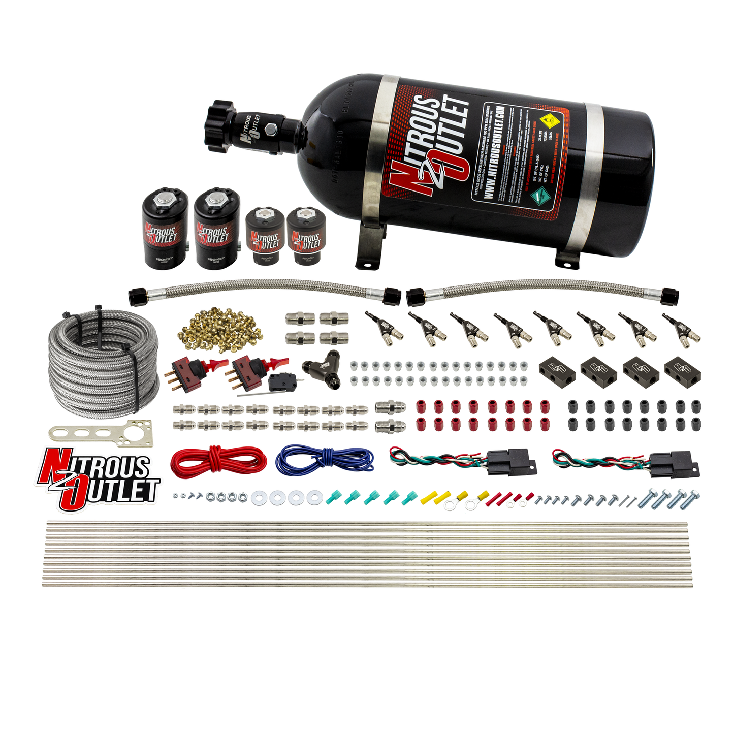 Nitrous Outlet 4 Cylinder Dual Stage Direct Port System - Two .122 Nitrous Solenoids/Two .177 Fuel Solenoids/Distribution Blocks/90 Degree Discharge Nozzles (E85)(5-7-10 psi)(50-250HP)(10lb Bottle)