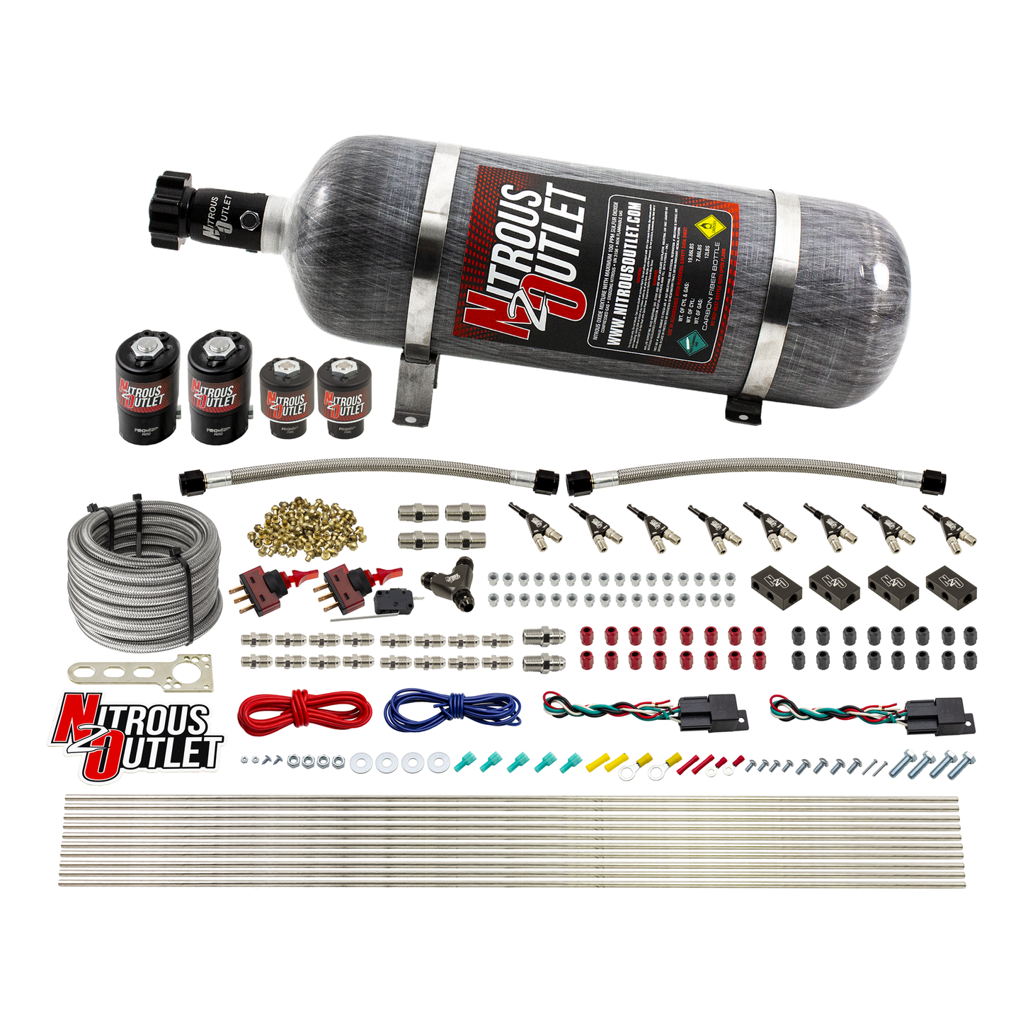 Nitrous Outlet 4 Cylinder Dual Stage Direct Port System - Two .122 Nitrous Solenoids/Two .177 Fuel Solenoids/Distribution Blocks/90 Degree Discharge Nozzles (E85)(5-7-10 psi)(50-250HP)(12lb Bottle)