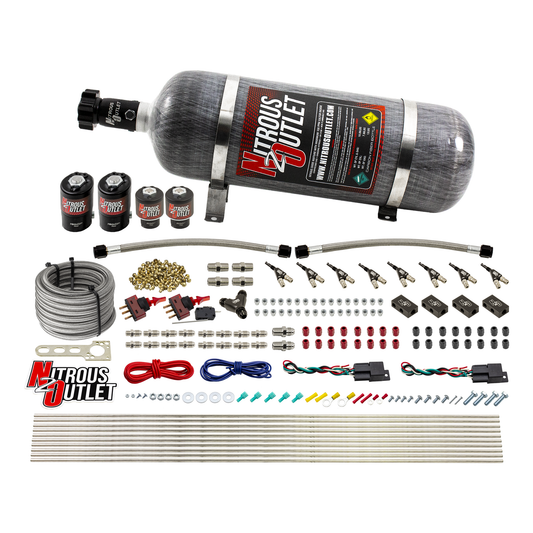 Nitrous Outlet 4 Cylinder Dual Stage Direct Port System - Two .122 Nitrous Solenoids/Two .177 Fuel Solenoids/Distribution Blocks/90 Degree Discharge Nozzles (E85)(5-7-10 psi)(50-250HP)(12lb Bottle)
