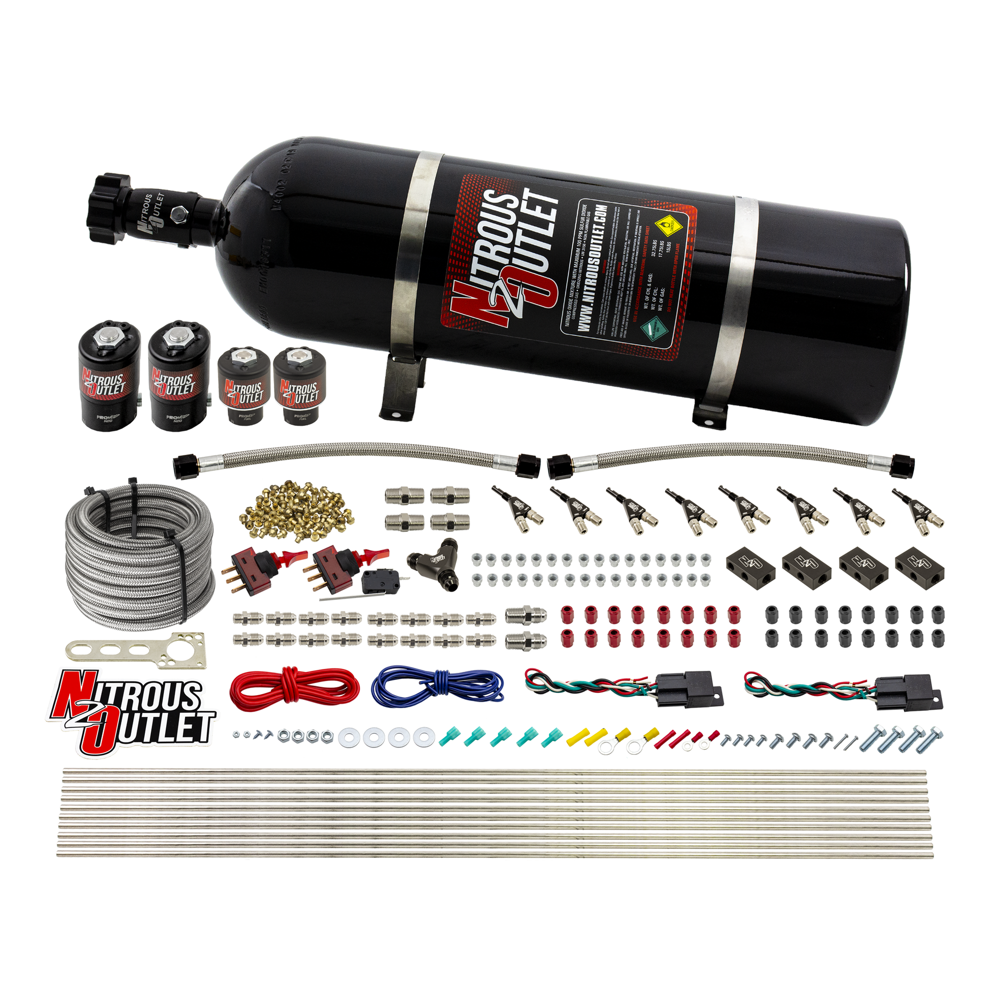 Nitrous Outlet 4 Cylinder Dual Stage Direct Port System - Two .122 Nitrous Solenoids/Two .177 Fuel Solenoids/Distribution Blocks/90 Degree Discharge Nozzles (E85)(5-7-10 psi)(50-250HP)(15lb Bottle)