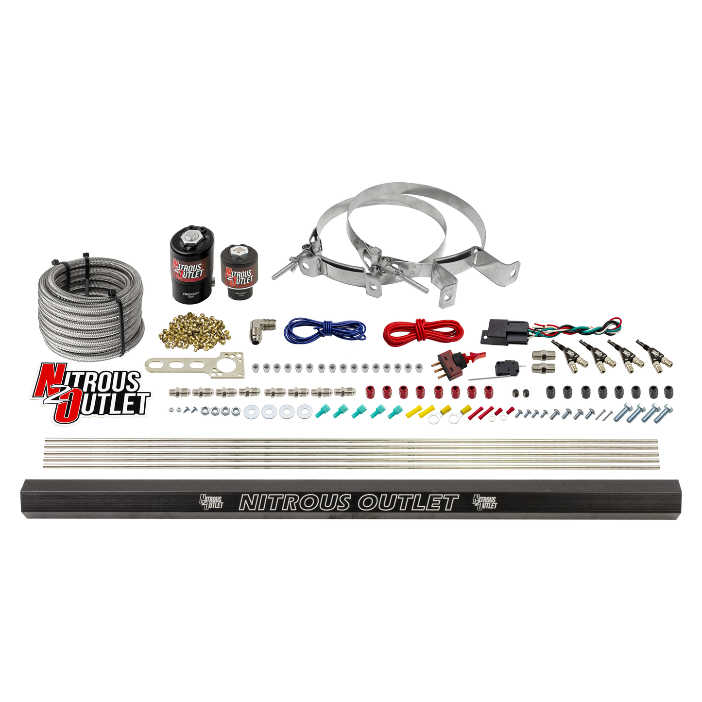 Nitrous Outlet 4 Cylinder Direct Port System - .122 Nitrous Solenoids/.177 Fuel Solenoids/Dual Passage Injection Rail/90 Degree Discharge Nozzles (E85)(5-7-10 psi)(50-250HP)(No Bottle)