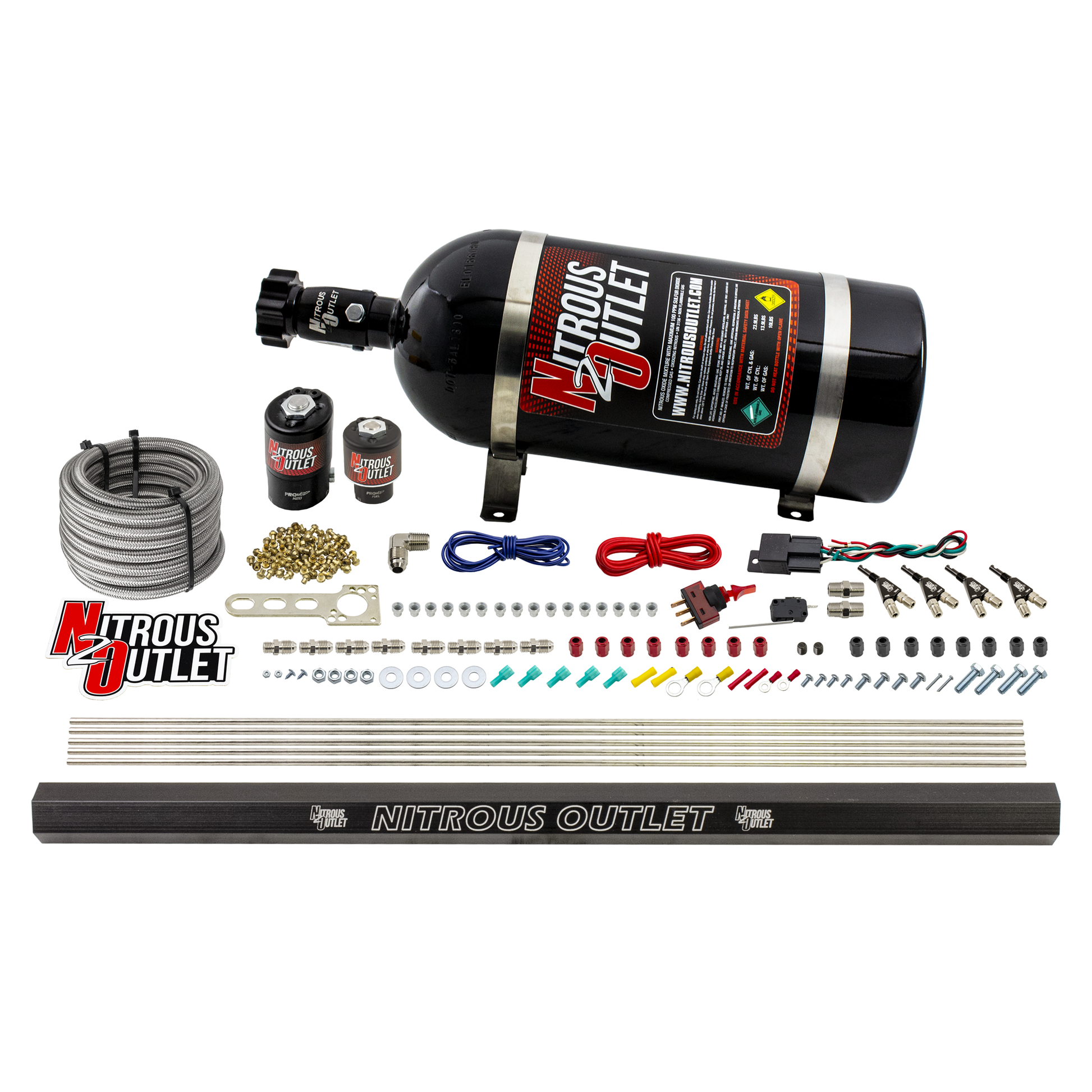 Nitrous Outlet 4 Cylinder Direct Port System - .122 Nitrous Solenoids/.177 Fuel Solenoids/Dual Passage Injection Rail/90 Degree Discharge Nozzles (E85)(5-7-10 psi)(50-250HP)(10lb Bottle)