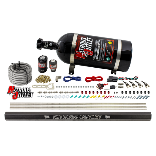 Nitrous Outlet 4 Cylinder Direct Port System - .122 Nitrous Solenoids/.177 Fuel Solenoids/Dual Passage Injection Rail/90 Degree Discharge Nozzles (E85)(5-7-10 psi)(50-250HP)(10lb Bottle)