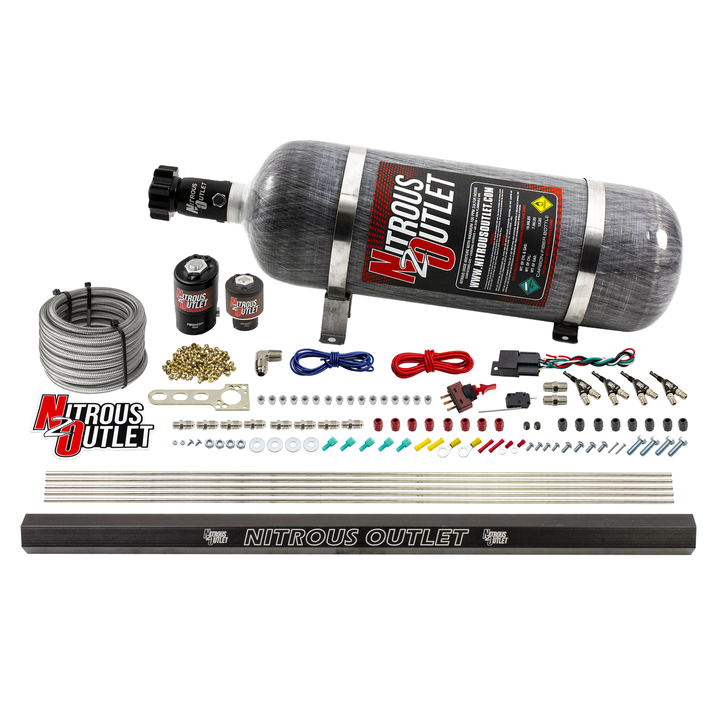 Nitrous Outlet 4 Cylinder Direct Port System - .122 Nitrous Solenoids/.177 Fuel Solenoids/Dual Passage Injection Rail/90 Degree Discharge Nozzles (E85)(5-7-10 psi)(50-250HP)(12lb Bottle)