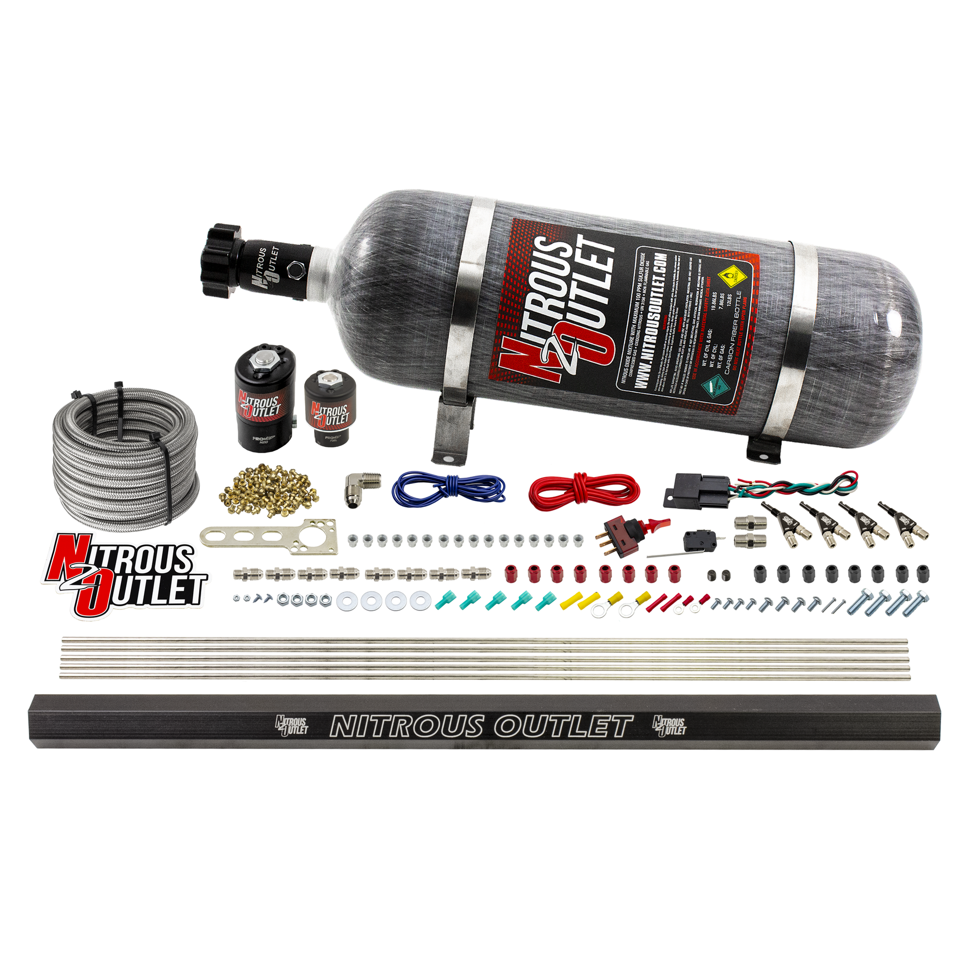 Nitrous Outlet 4 Cylinder Direct Port System - .122 Nitrous Solenoids/.177 Fuel Solenoids/Dual Passage Injection Rail/90 Degree Discharge Nozzles (E85)(5-7-10 psi)(50-250HP)(12lb Bottle)