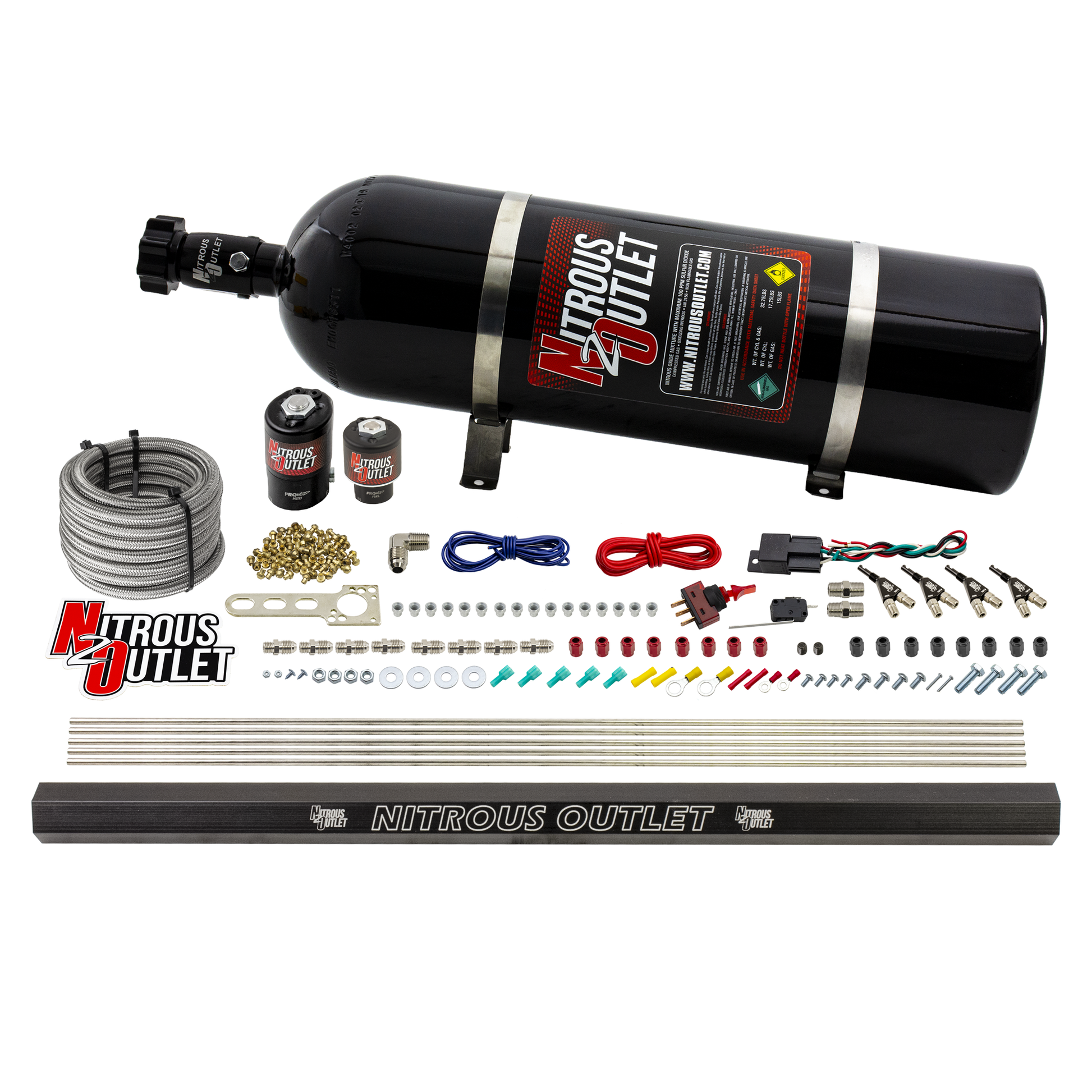 Nitrous Outlet 4 Cylinder Direct Port System - .122 Nitrous Solenoids/.177 Fuel Solenoids/Dual Passage Injection Rail/90 Degree Discharge Nozzles (E85)(5-7-10 psi)(50-250HP)(15lb Bottle)