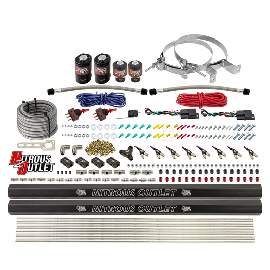 Nitrous Outlet 4 Cylinder Dual Stage Direct Port System - Two .122 Nitrous Solenoids/Two .177 Fuel Solenoids/Two Dual Passage Injection Rails/90 Degree Discharge Nozzles (E85)(5-7-10 psi)(50-250HP)(No Bottle)