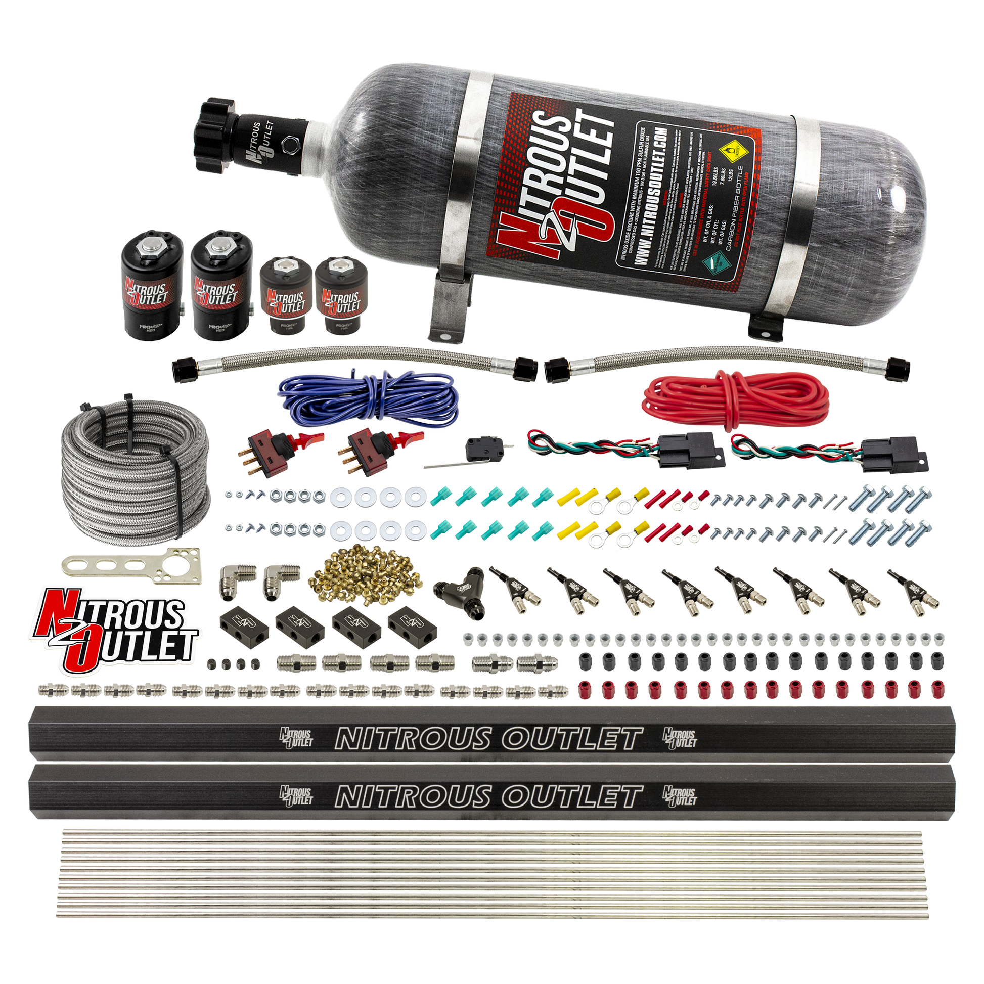 Nitrous Outlet 4 Cylinder Dual Stage Direct Port System - Two .122 Nitrous Solenoids/Two .177 Fuel Solenoids/Two Dual Passage Injection Rails/90 Degree Discharge Nozzles (E85)(5-7-10 psi)(50-250HP)(12lb Bottle)