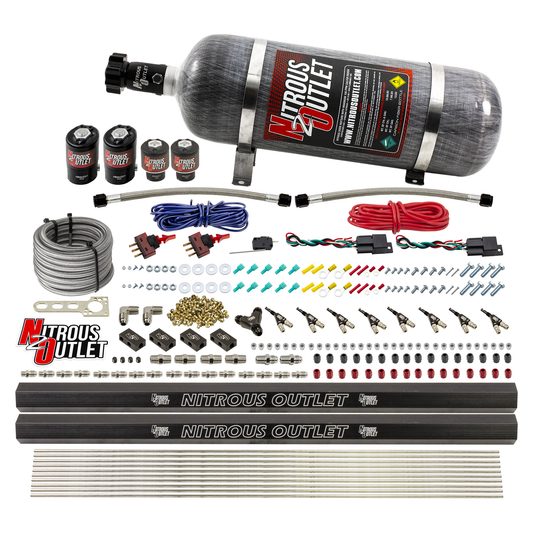 Nitrous Outlet 4 Cylinder Dual Stage Direct Port System - Two .122 Nitrous Solenoids/Two .177 Fuel Solenoids/Two Dual Passage Injection Rails/90 Degree Discharge Nozzles (E85)(5-7-10 psi)(50-250HP)(12lb Bottle)
