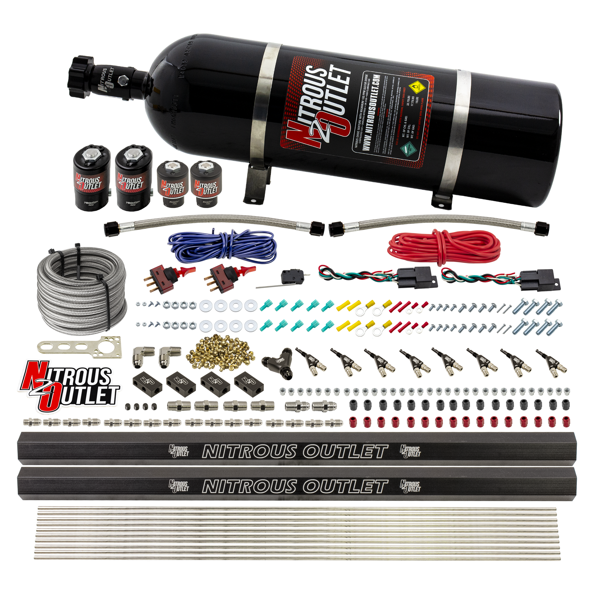 Nitrous Outlet 4 Cylinder Dual Stage Direct Port System - Two .122 Nitrous Solenoids/Two .177 Fuel Solenoids/Two Dual Passage Injection Rails/90 Degree Discharge Nozzles (E85)(5-7-10 psi)(50-250HP)(15lb Bottle)