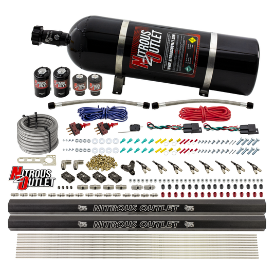 Nitrous Outlet 4 Cylinder Dual Stage Direct Port System - Two .122 Nitrous Solenoids/Two .177 Fuel Solenoids/Two Dual Passage Injection Rails/90 Degree Discharge Nozzles (E85)(5-7-10 psi)(50-250HP)(15lb Bottle)