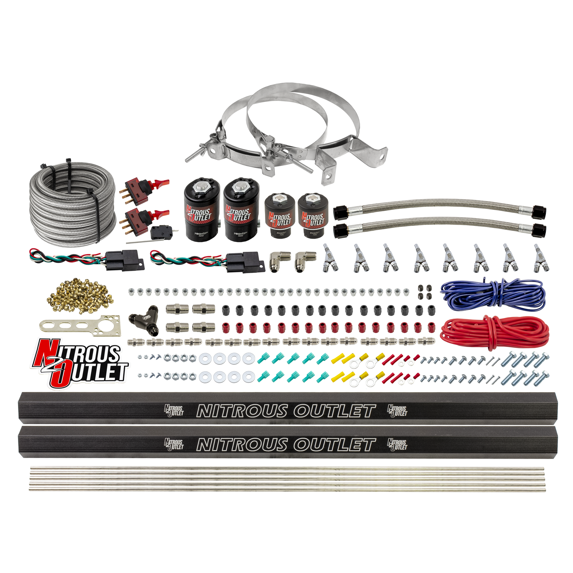 Nitrous Outlet 4 Cylinder Dual Stage Direct Port System - Two .122 Nitrous Solenoids/Two .177 Fuel Solenoids/Two Dual Passage Injection Rails/Annular Discharge Nozzles (E85)(5-7-10 psi)(50-250HP)(No Bottle)