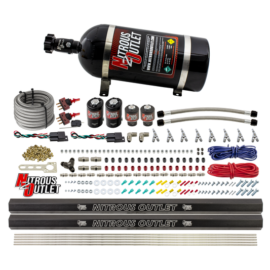 Nitrous Outlet 4 Cylinder Dual Stage Direct Port System - Two .122 Nitrous Solenoids/Two .177 Fuel Solenoids/Two Dual Passage Injection Rails/Annular Discharge Nozzles (E85)(5-7-10 psi)(50-250HP)(10lb Bottle)
