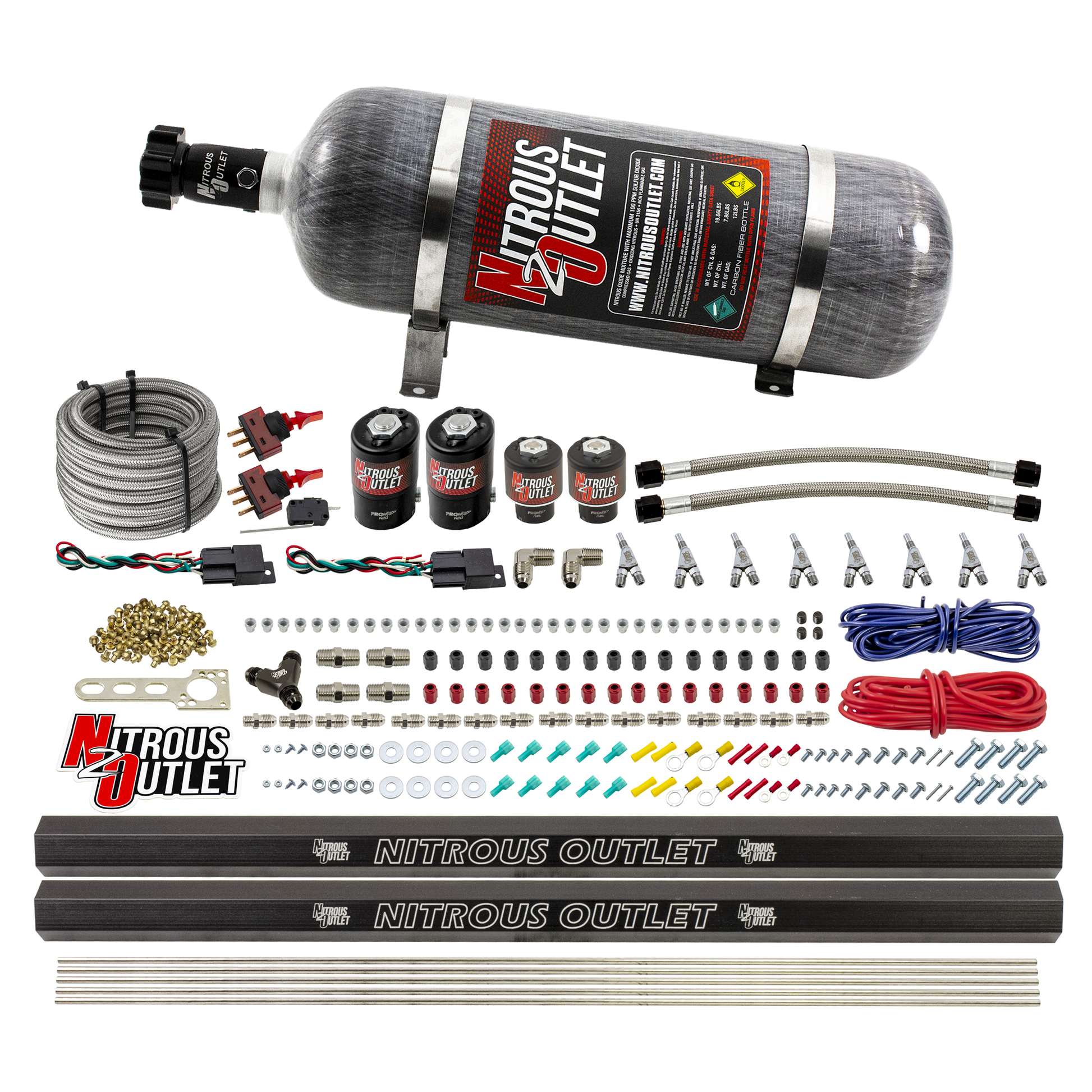 Nitrous Outlet 4 Cylinder Dual Stage Direct Port System - Two .122 Nitrous Solenoids/Two .177 Fuel Solenoids/Two Dual Passage Injection Rails/Annular Discharge Nozzles (E85)(5-7-10 psi)(50-250HP)(12lb Bottle)