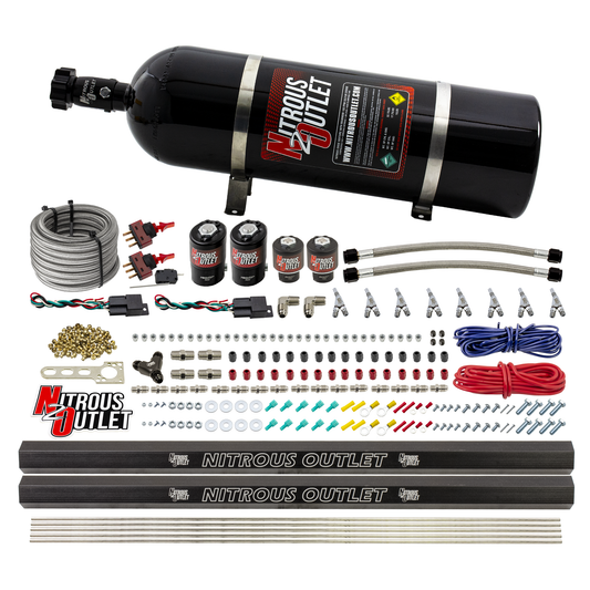 Nitrous Outlet 4 Cylinder Dual Stage Direct Port System - Two .122 Nitrous Solenoids/Two .177 Fuel Solenoids/Two Dual Passage Injection Rails/Annular Discharge Nozzles (E85)(5-7-10 psi)(50-250HP)(15lb Bottle)