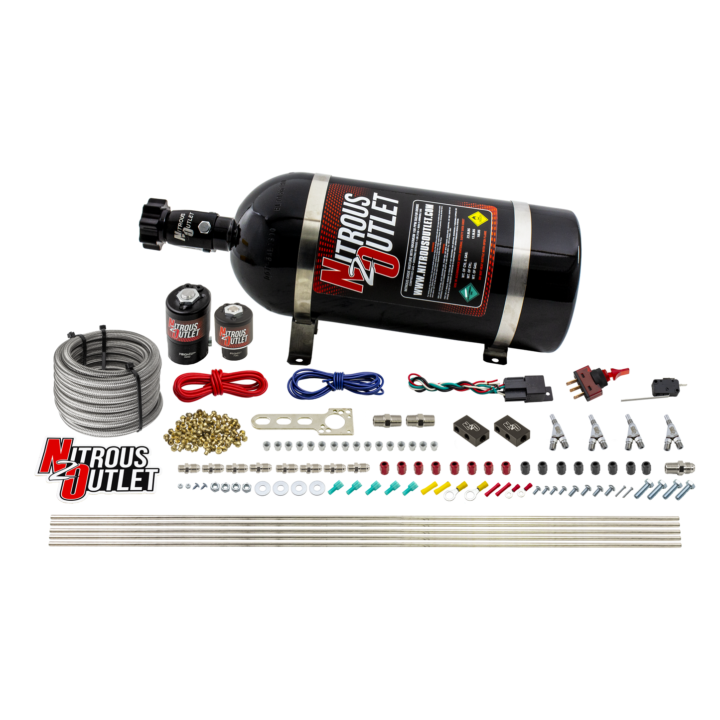 Nitrous Outlet 4 Cylinder Direct Port System - .122 Nitrous Solenoid/.177 Fuel Solenoid/Distribution Blocks/Annular Degree Discharge Nozzles (E85)(5-7-10 psi)(50-250HP)(10lb Bottle)