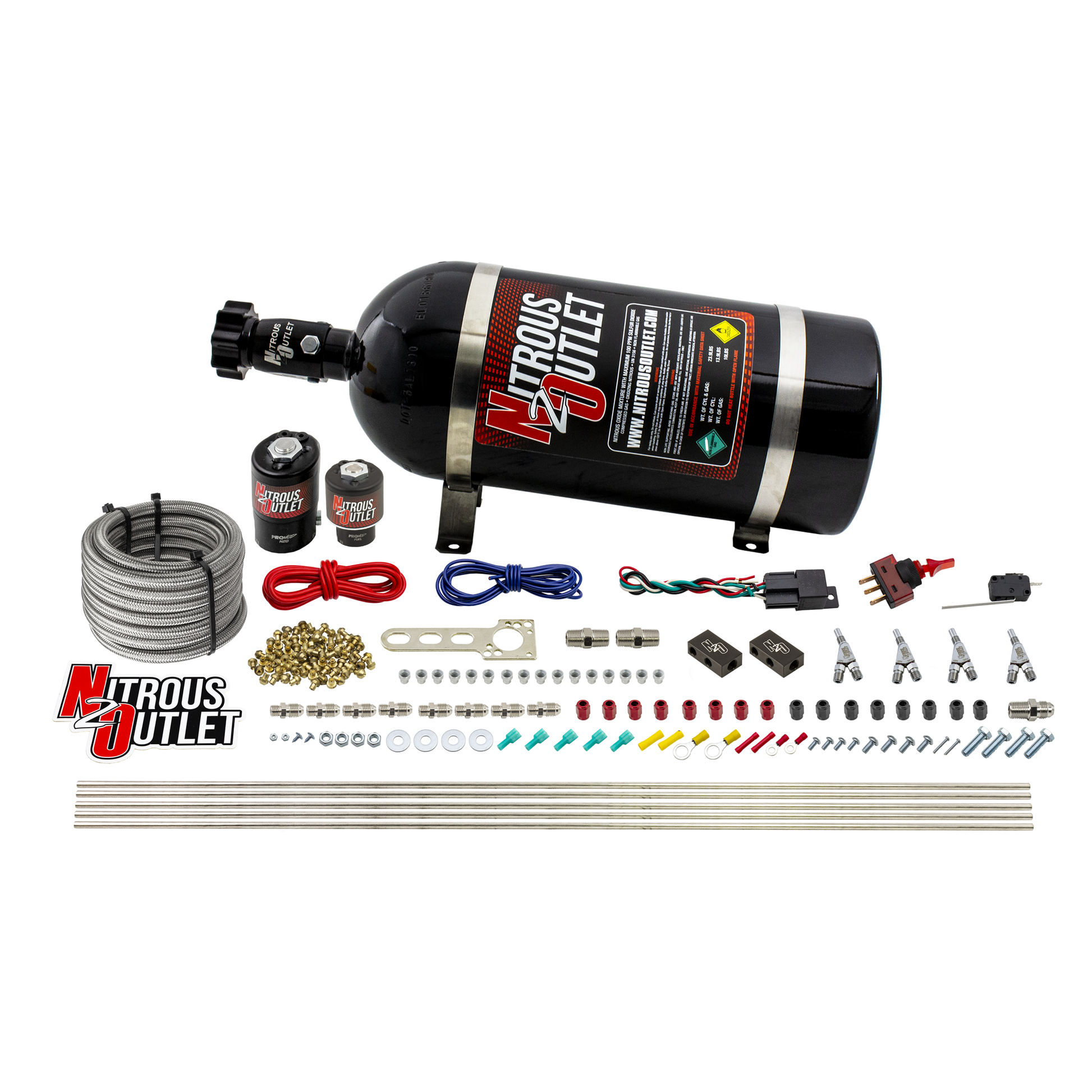 Nitrous Outlet 4 Cylinder Direct Port System - .122 Nitrous Solenoid/.177 Fuel Solenoid/Distribution Blocks/Annular Degree Discharge Nozzles (E85)(5-7-10 psi)(50-250HP)(10lb Bottle)