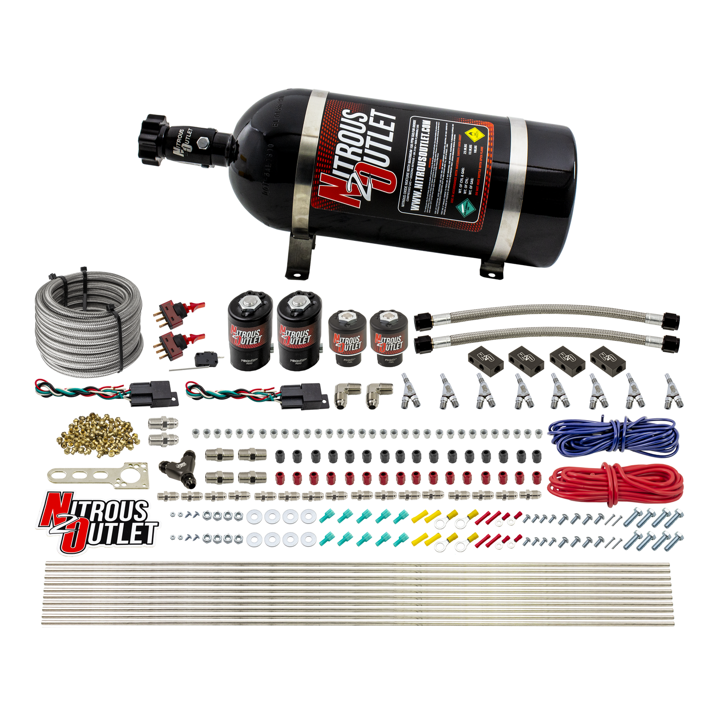 Nitrous Outlet 4 Cylinder Dual Stage Direct Port System - Two .122 Nitrous Solenoids/Two .177 Fuel Solenoids/Distribution Blocks/Annular Discharge Nozzles (E85)(5-7-10 psi)(50-250HP)(10lb Bottle)