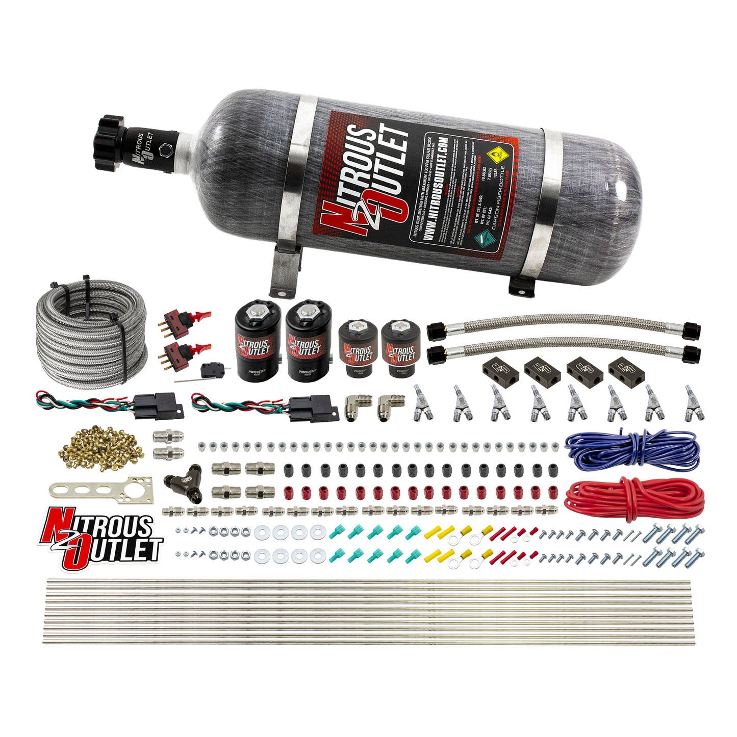Nitrous Outlet 4 Cylinder Dual Stage Direct Port System - Two .122 Nitrous Solenoids/Two .177 Fuel Solenoids/Distribution Blocks/Annular Discharge Nozzles (E85)(5-7-10 psi)(50-250HP)(12lb Bottle)