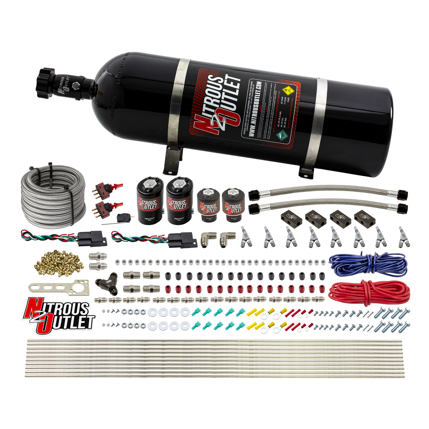 Nitrous Outlet 4 Cylinder Dual Stage Direct Port System - Two .122 Nitrous Solenoids/Two .177 Fuel Solenoids/Distribution Blocks/Annular Discharge Nozzles (E85)(5-7-10 psi)(50-250HP)(15lb Bottle)