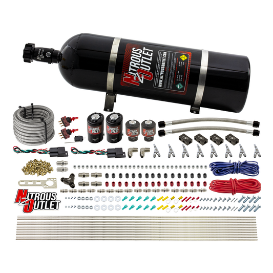 Nitrous Outlet 4 Cylinder Dual Stage Direct Port System - Two .122 Nitrous Solenoids/Two .177 Fuel Solenoids/Distribution Blocks/Annular Discharge Nozzles (E85)(5-7-10 psi)(50-250HP)(15lb Bottle)