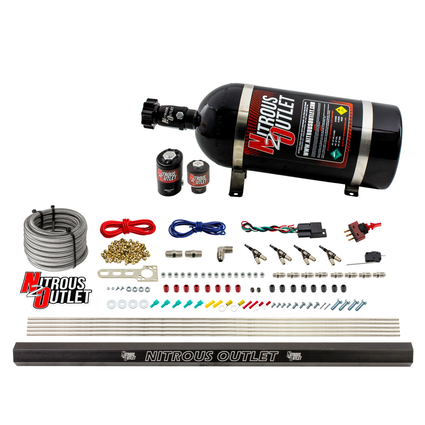 Nitrous Outlet 4 Cylinder Direct Port System - .122 Nitrous Solenoids/.177 Fuel Solenoids/Dual Passage Injection Rail/90 Degree Discharge Nozzles (Gas)(5-7-10 psi)(50-250HP)(10lb Bottle)
