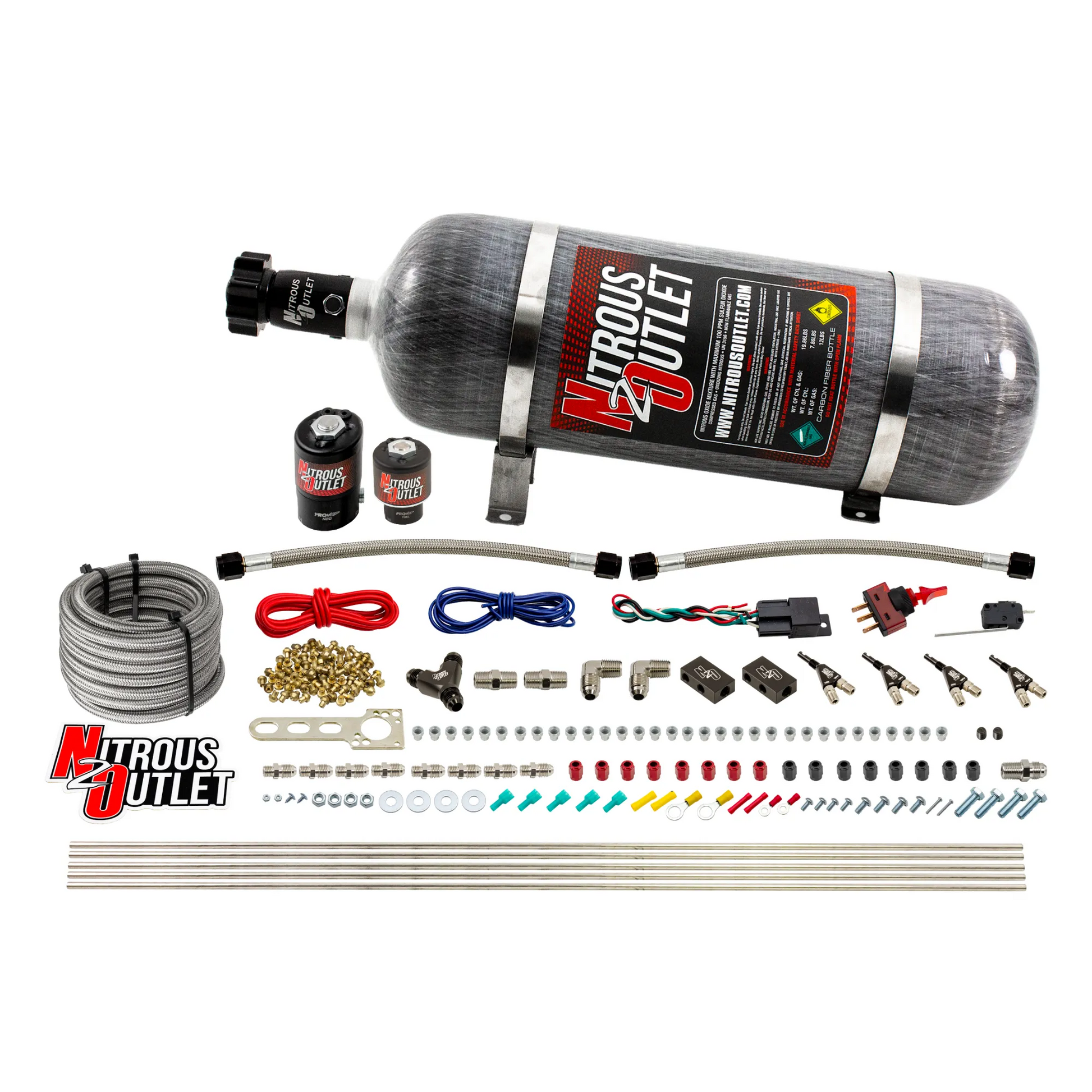 Nitrous Outlet 4 Cylinder Direct Port System - .122 Nitrous Solenoids/.177 Fuel Solenoids/Dual Passage Injection Rail/90 Degree Discharge Nozzles (Gas)(5-7-10 psi)(50-250HP)(12lb Bottle)